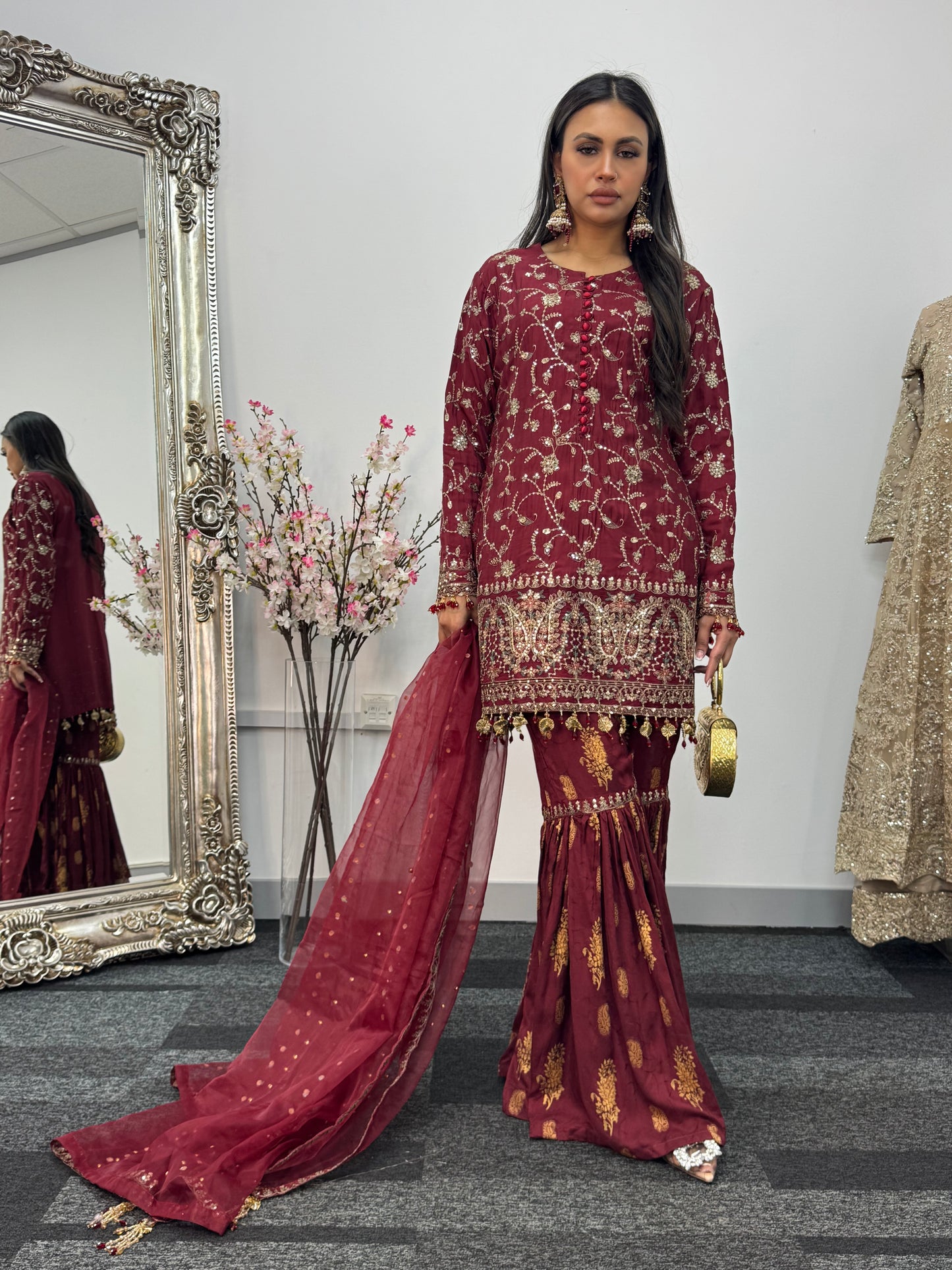 “Dulhan” Maria B Inspired - Embriodered Maroon Garara - Wedding - Jacquard