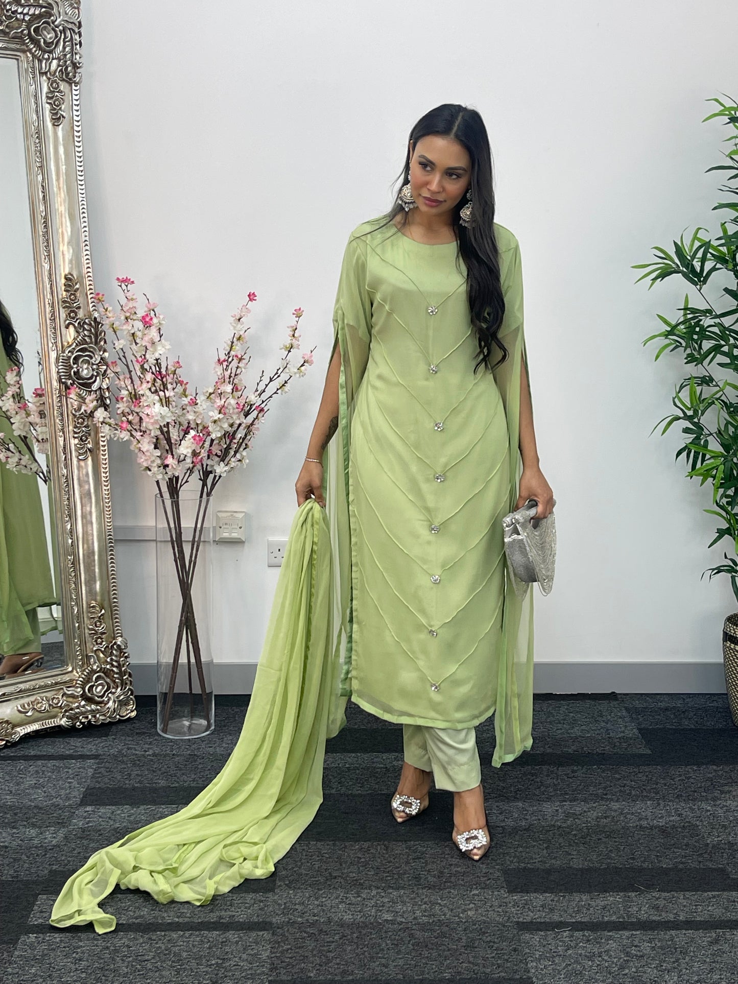Green - Floor Length Sleeves - Chiffon Outfit -