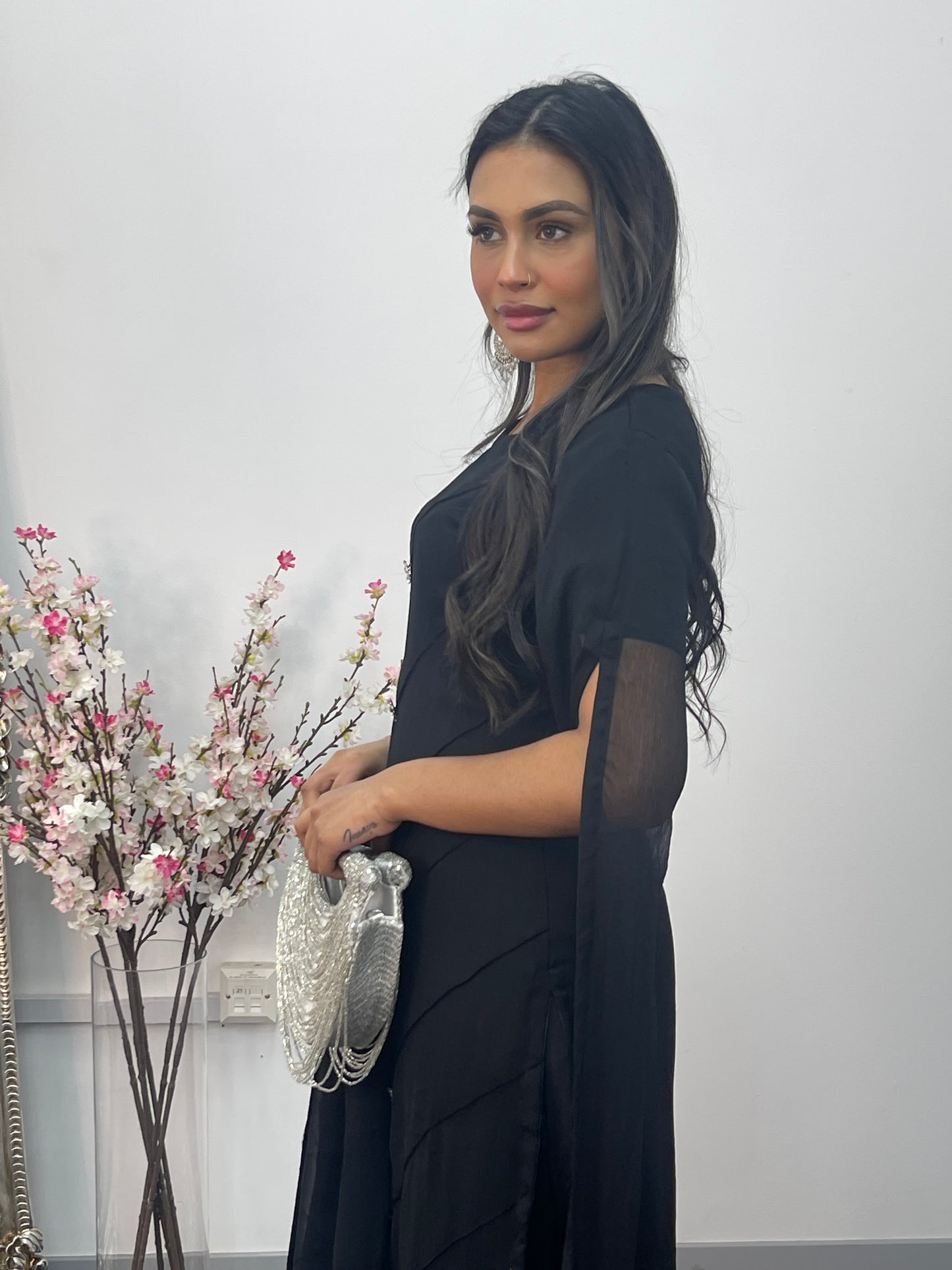 Black - Floor Length Sleeves - Chiffon Outfit -