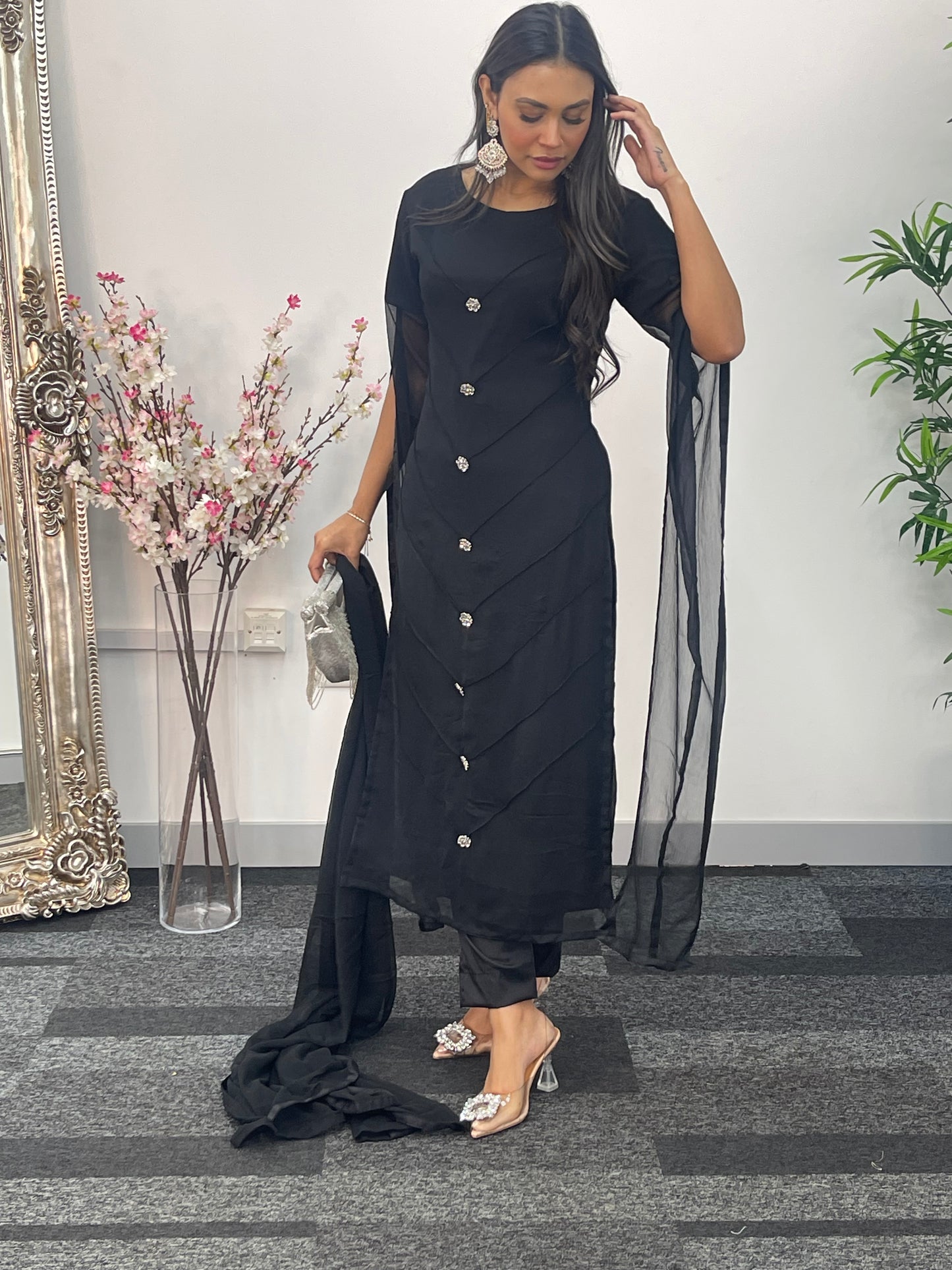 Black - Floor Length Sleeves - Chiffon Outfit -
