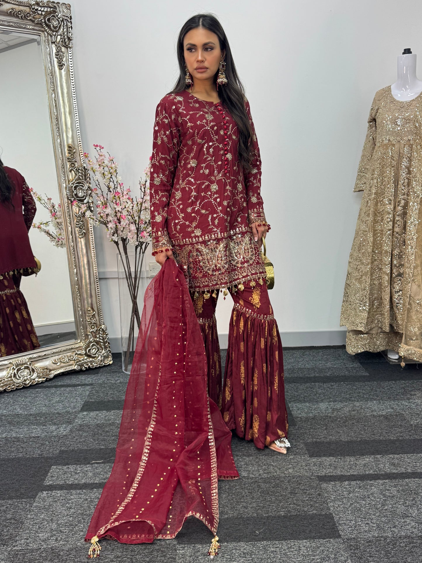 “Dulhan” Maria B Inspired - Embriodered Maroon Garara - Wedding - Jacquard