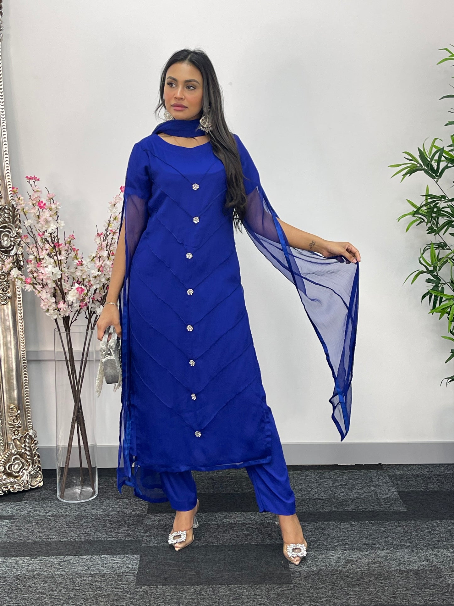 Blue - Floor Length Sleeves - Chiffon Outfit -