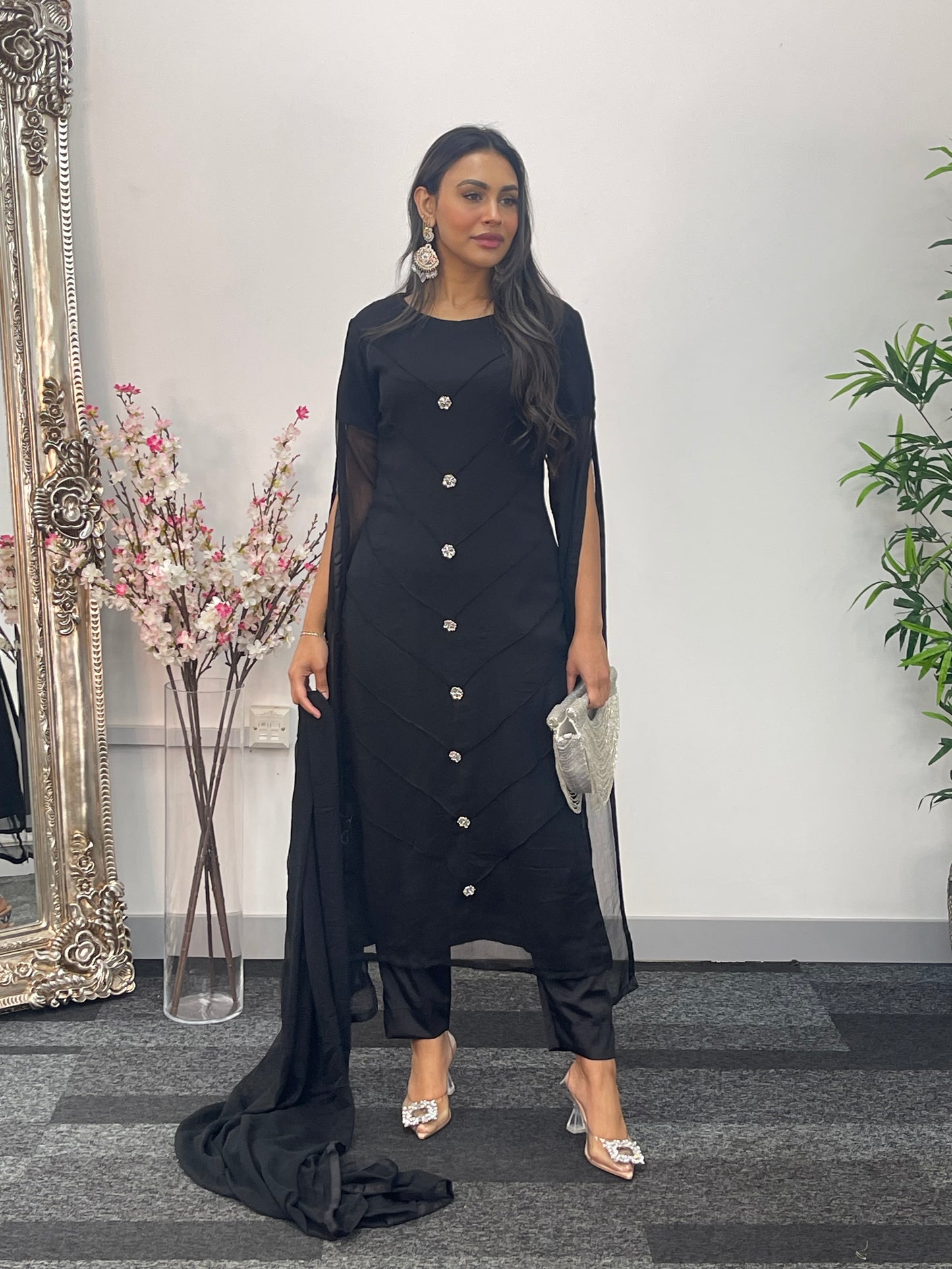 Black - Floor Length Sleeves - Chiffon Outfit -