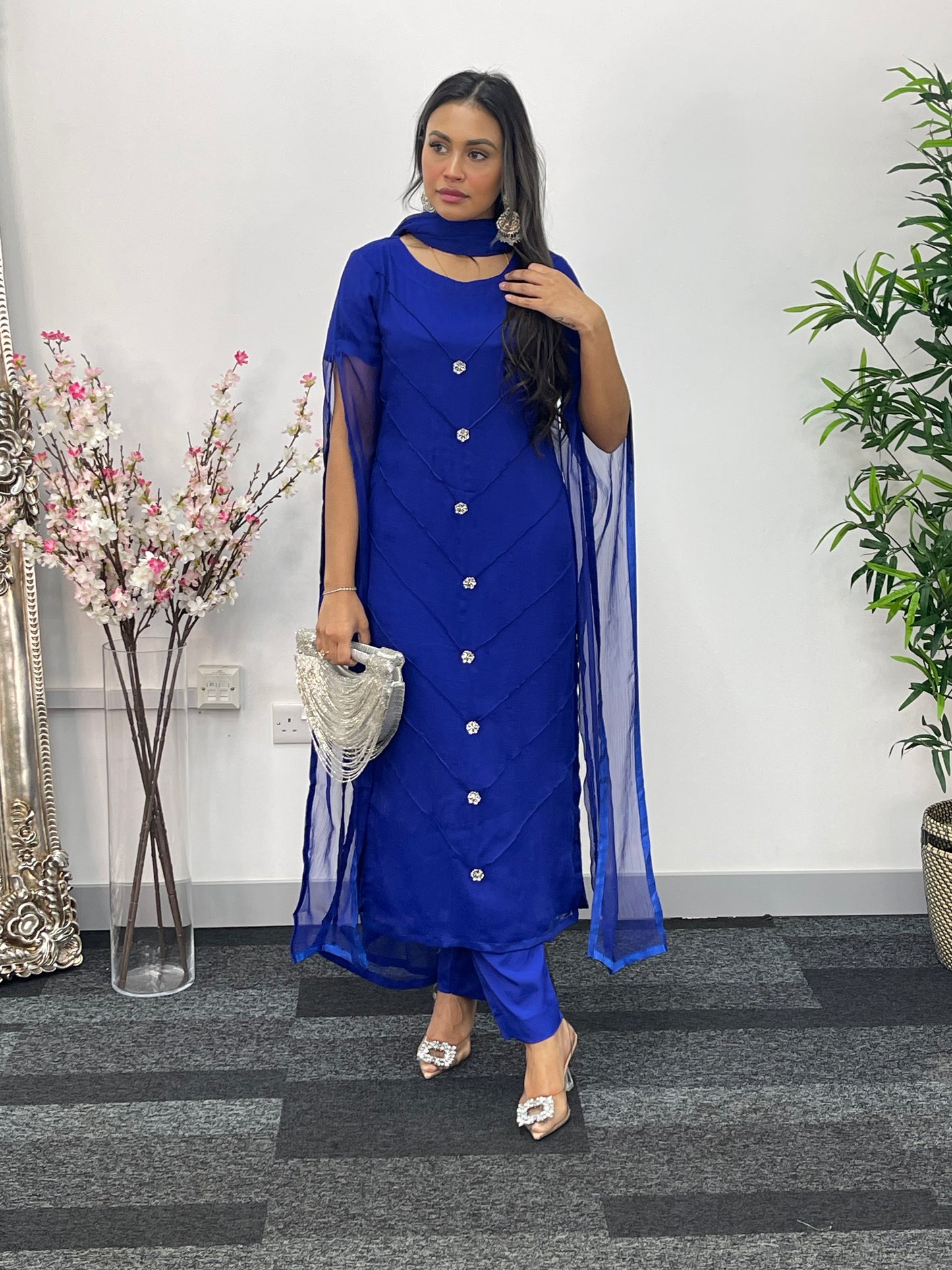 Blue - Floor Length Sleeves - Chiffon Outfit -