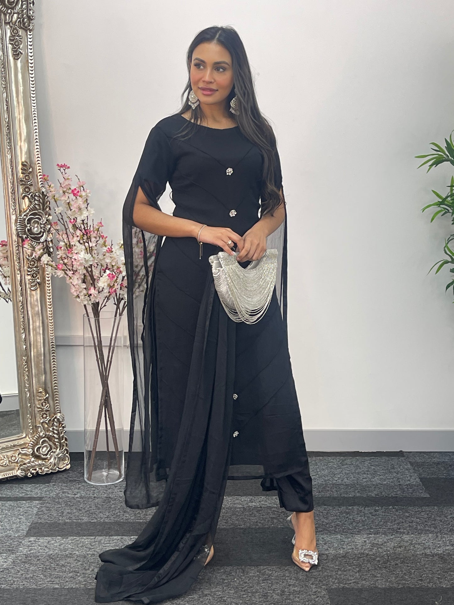 Black - Floor Length Sleeves - Chiffon Outfit -
