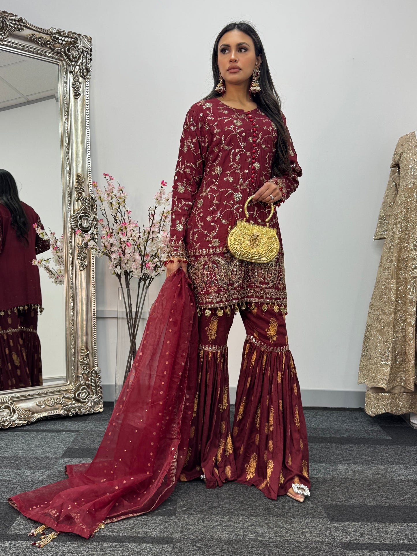 “Dulhan” Maria B Inspired - Embriodered Maroon Garara - Wedding - Jacquard