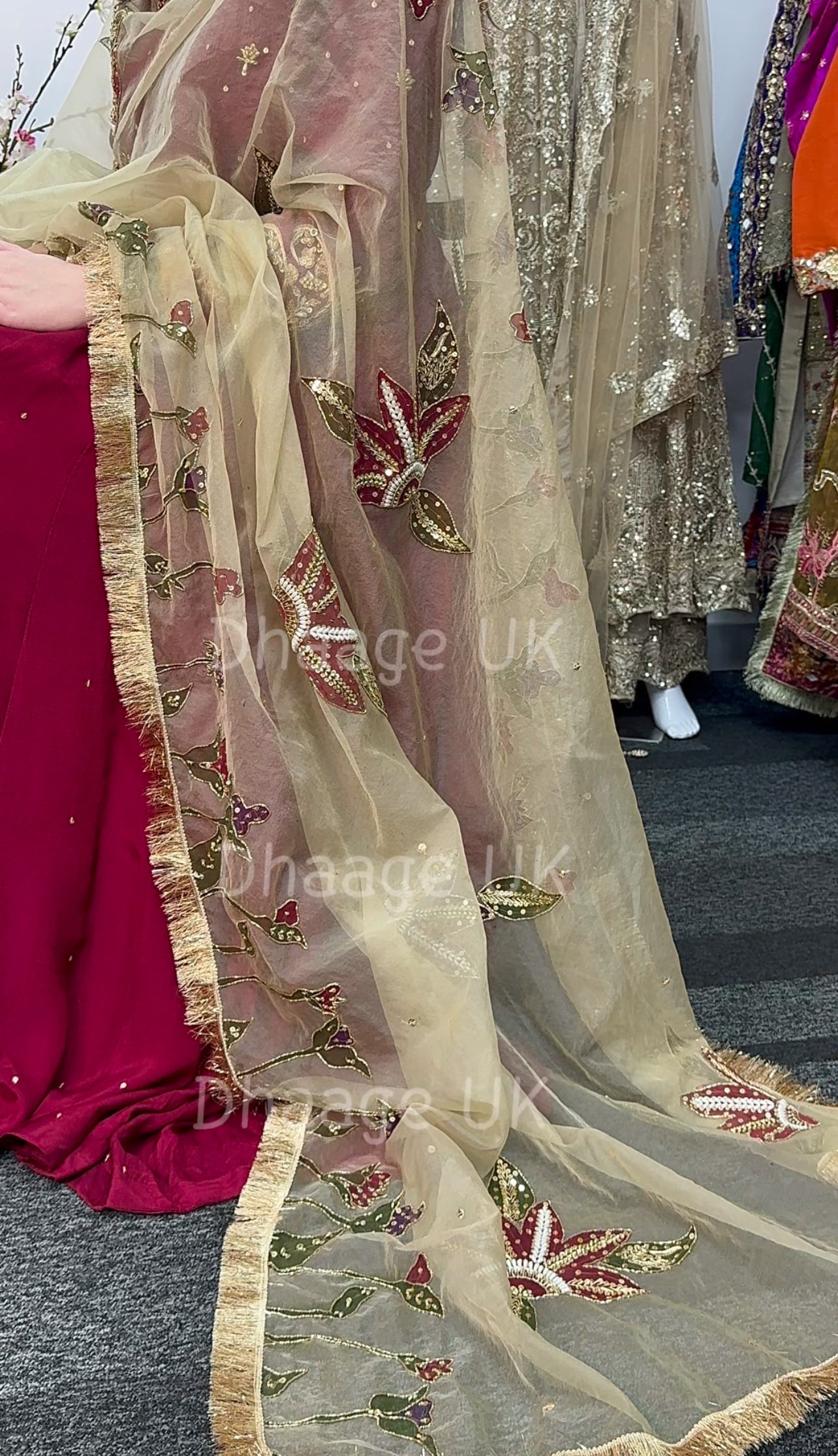 (Pre Order 3/4 Weeks) “GUL BANO” - Hand Painted Dupatta with Hand Work -Anarkali - Maroon Gold - Noor