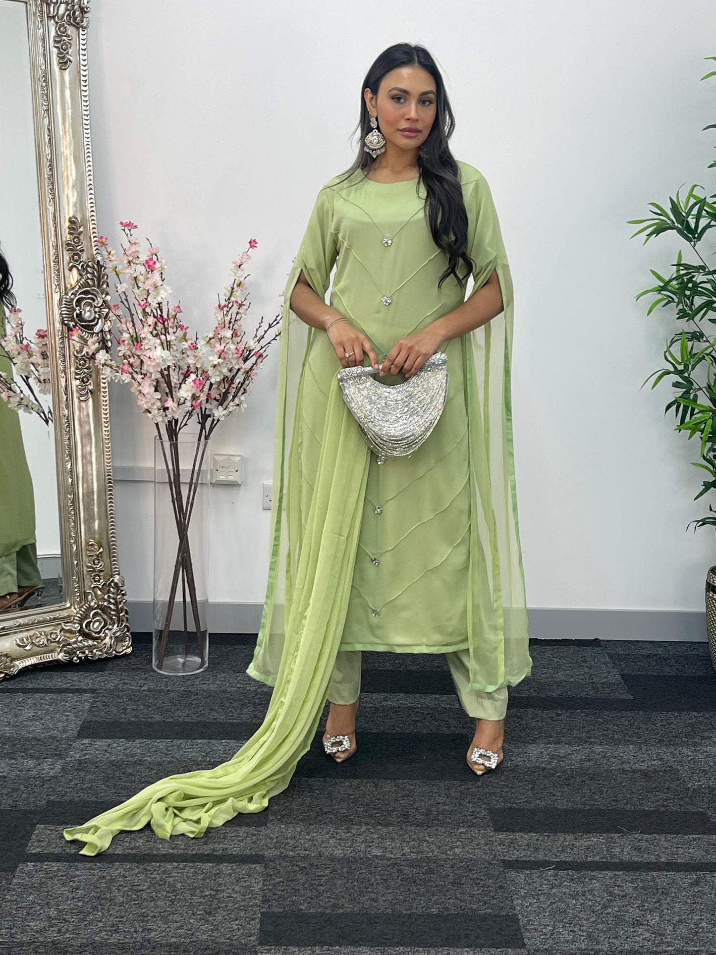 Green - Floor Length Sleeves - Chiffon Outfit -