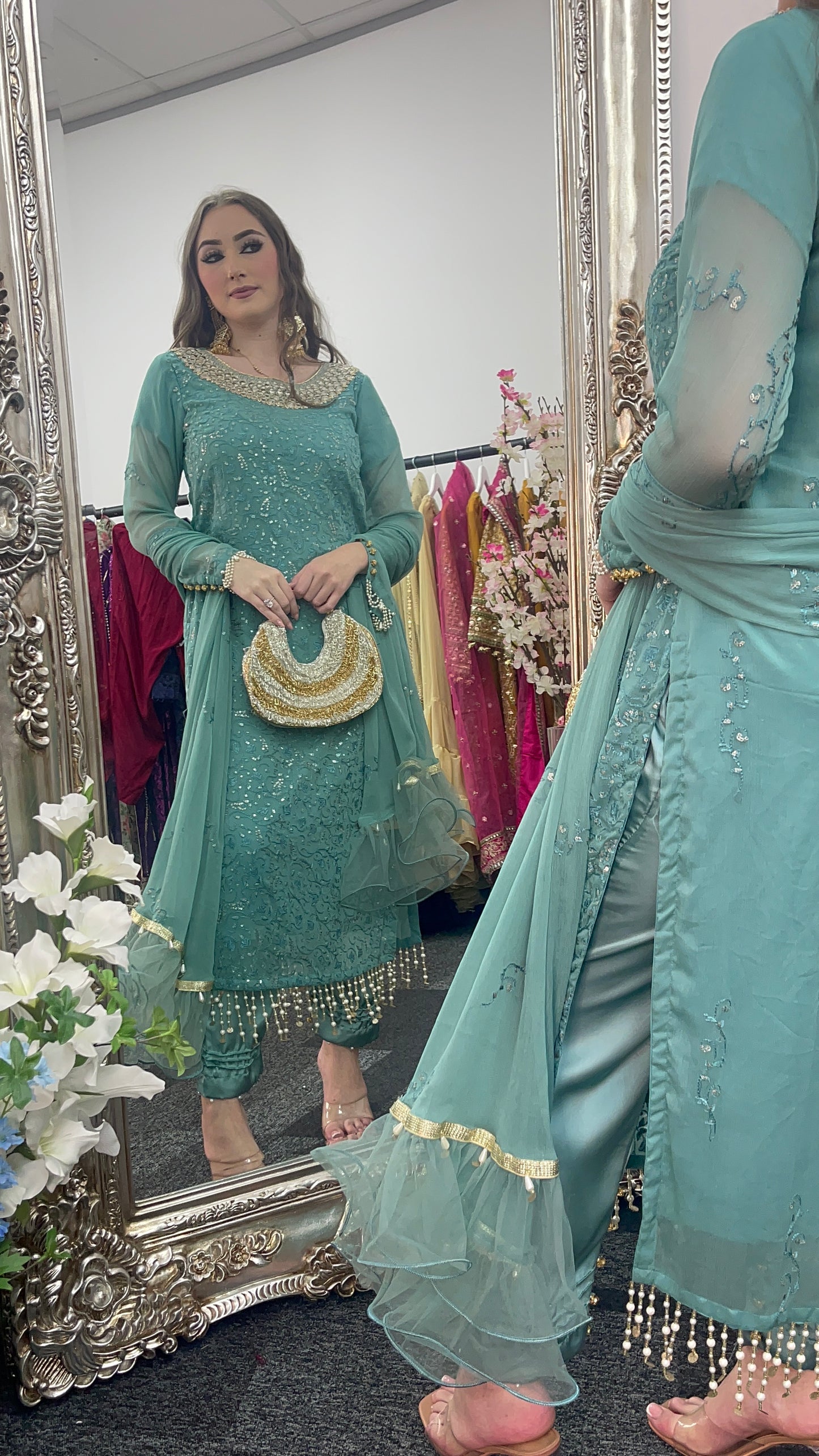Chamkeeli - Hand Work - Chiffon Party Wear - Egg Duck Blue