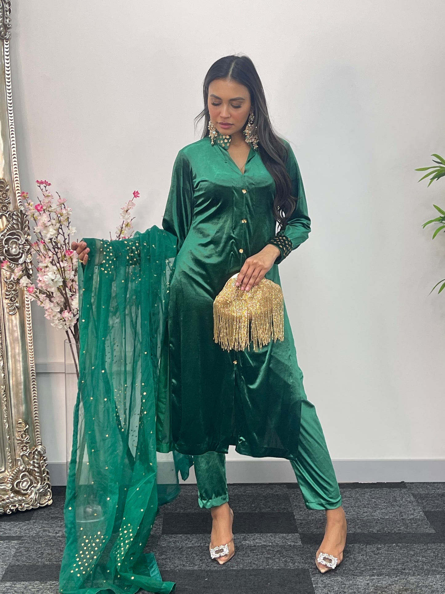 Sona l Green Silk Velvet - Party Outfit l