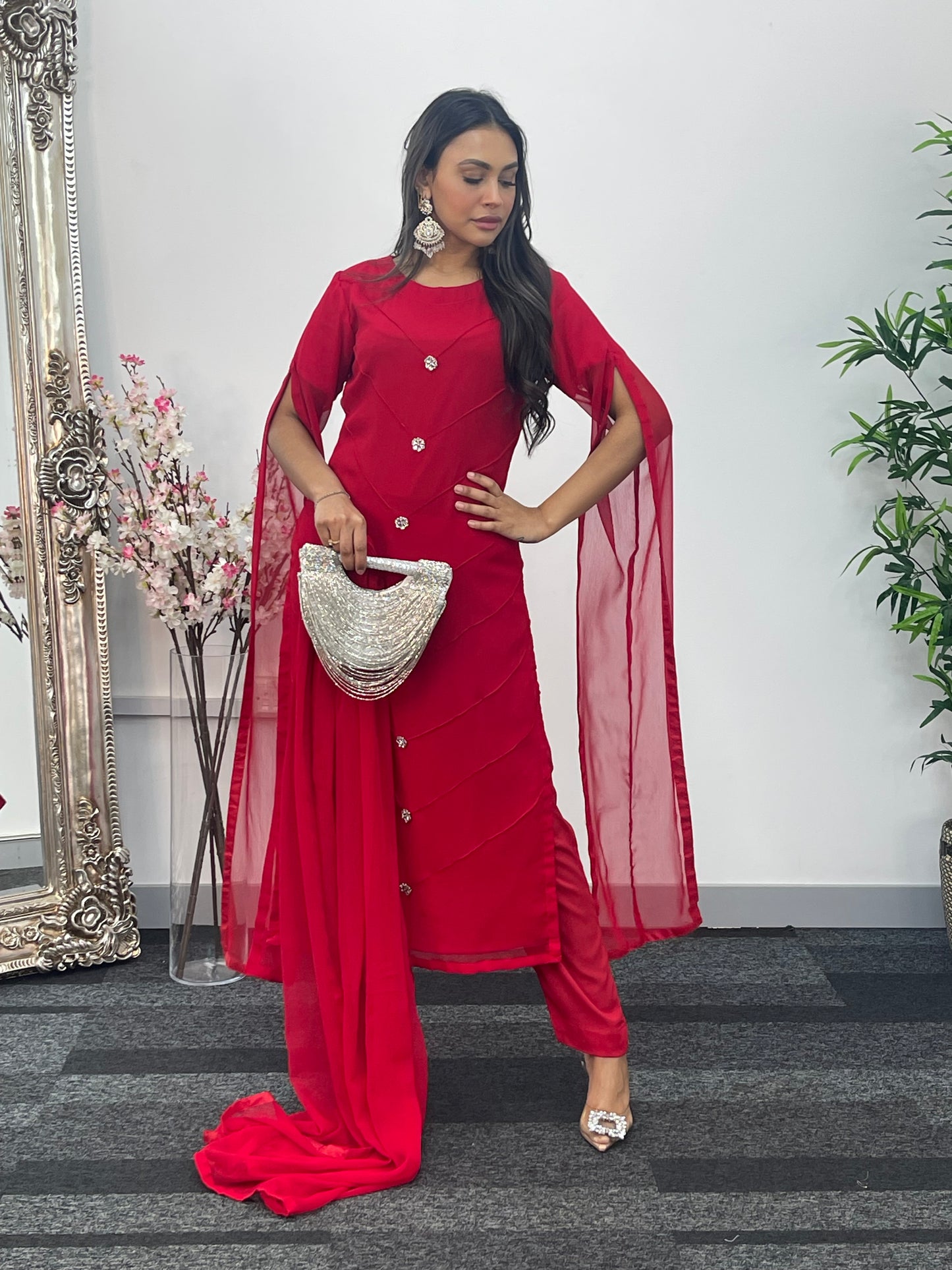 Red - Floor Length Sleeves - Chiffon Outfit -