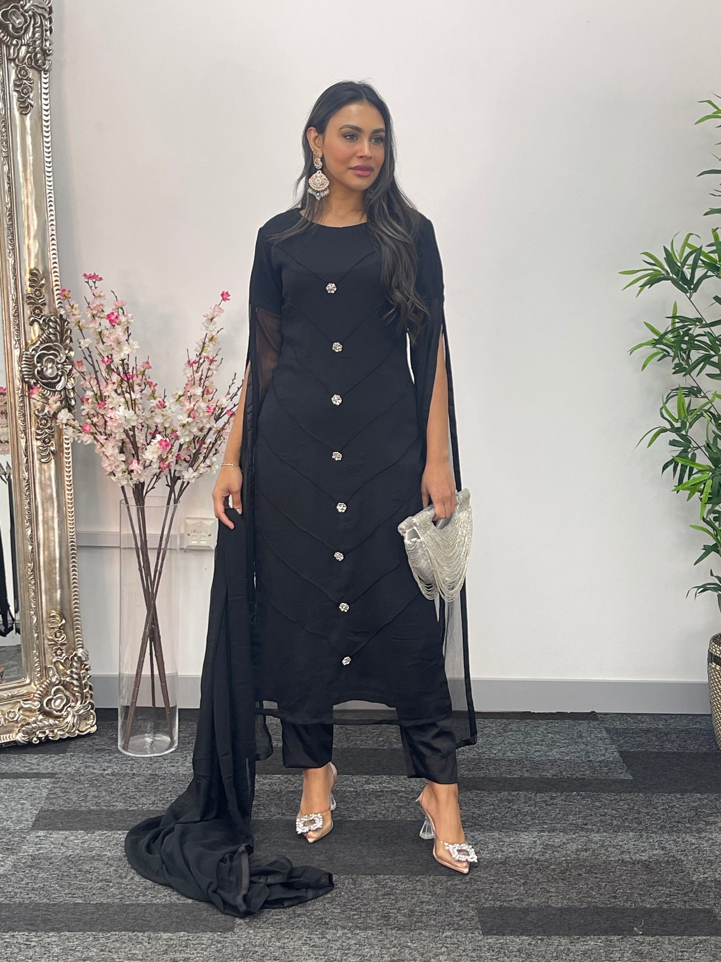 Black - Floor Length Sleeves - Chiffon Outfit -