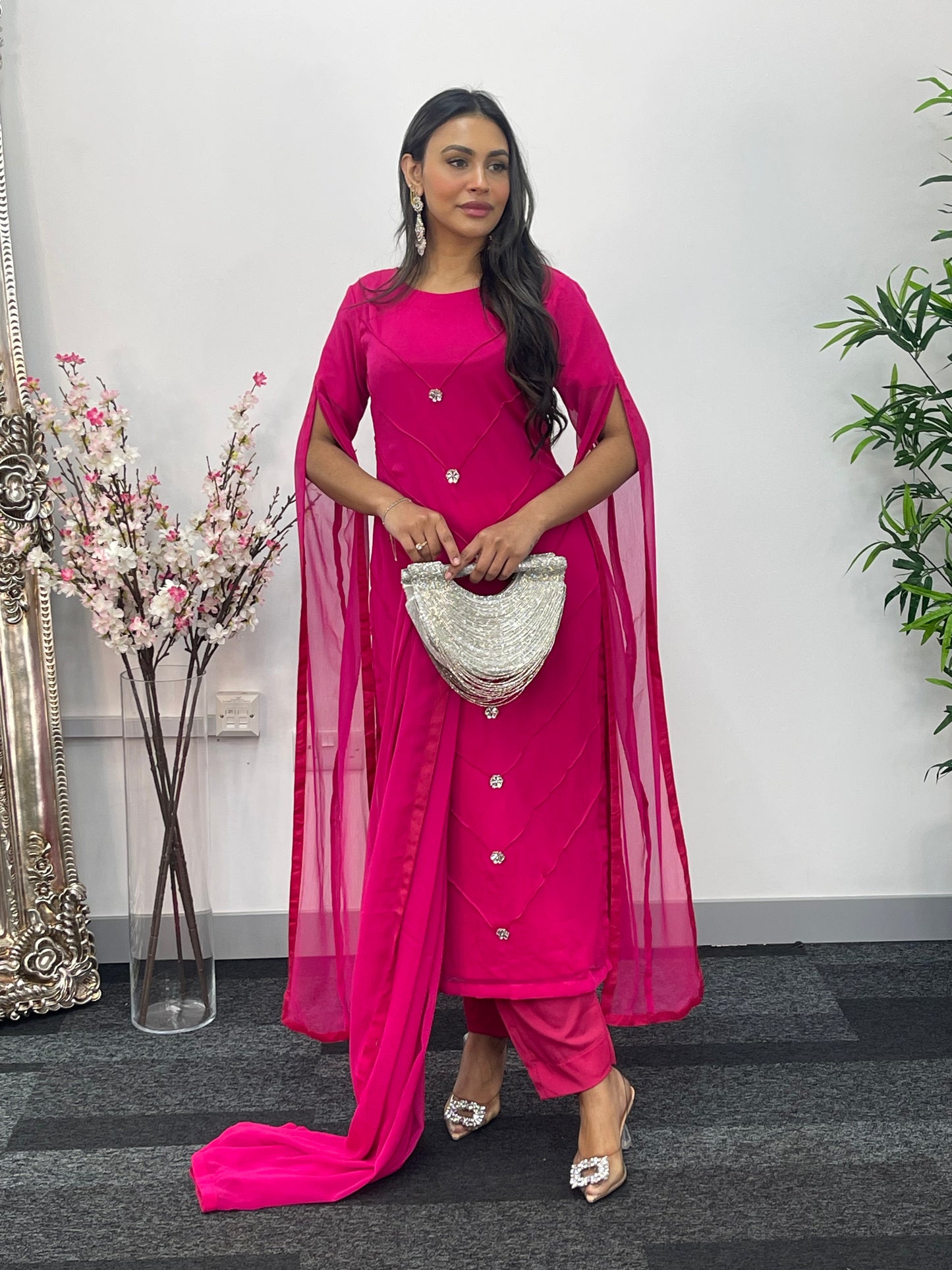 Hot Pink - Floor Length Sleeves - Chiffon Outfit -