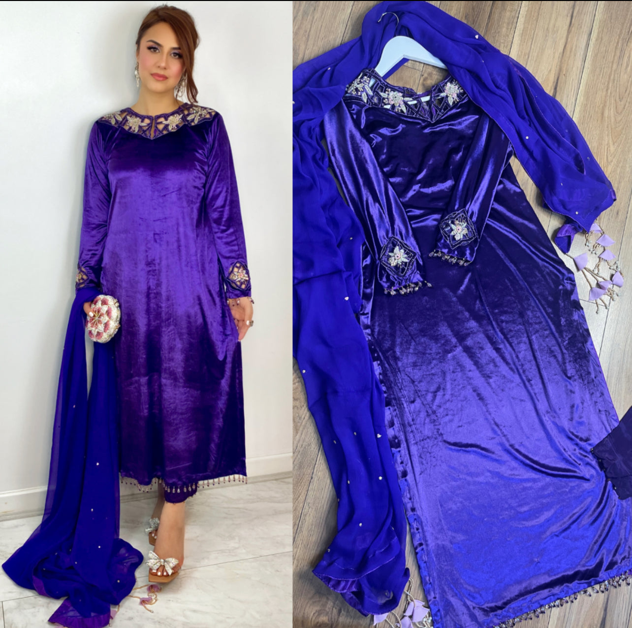 (Preorder 4 weeks) “Sheh-nai” Purple Velvet Pret with gold and Silver - Wedding Outfit