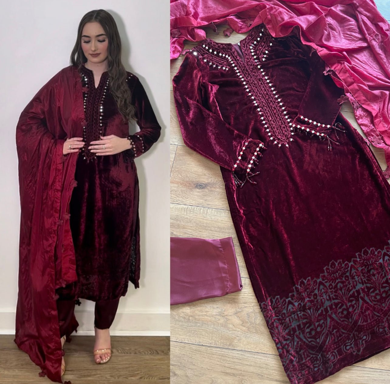 Wine - Sheesha X Velvet Maroon Plachi Daman with silk dupatta winter