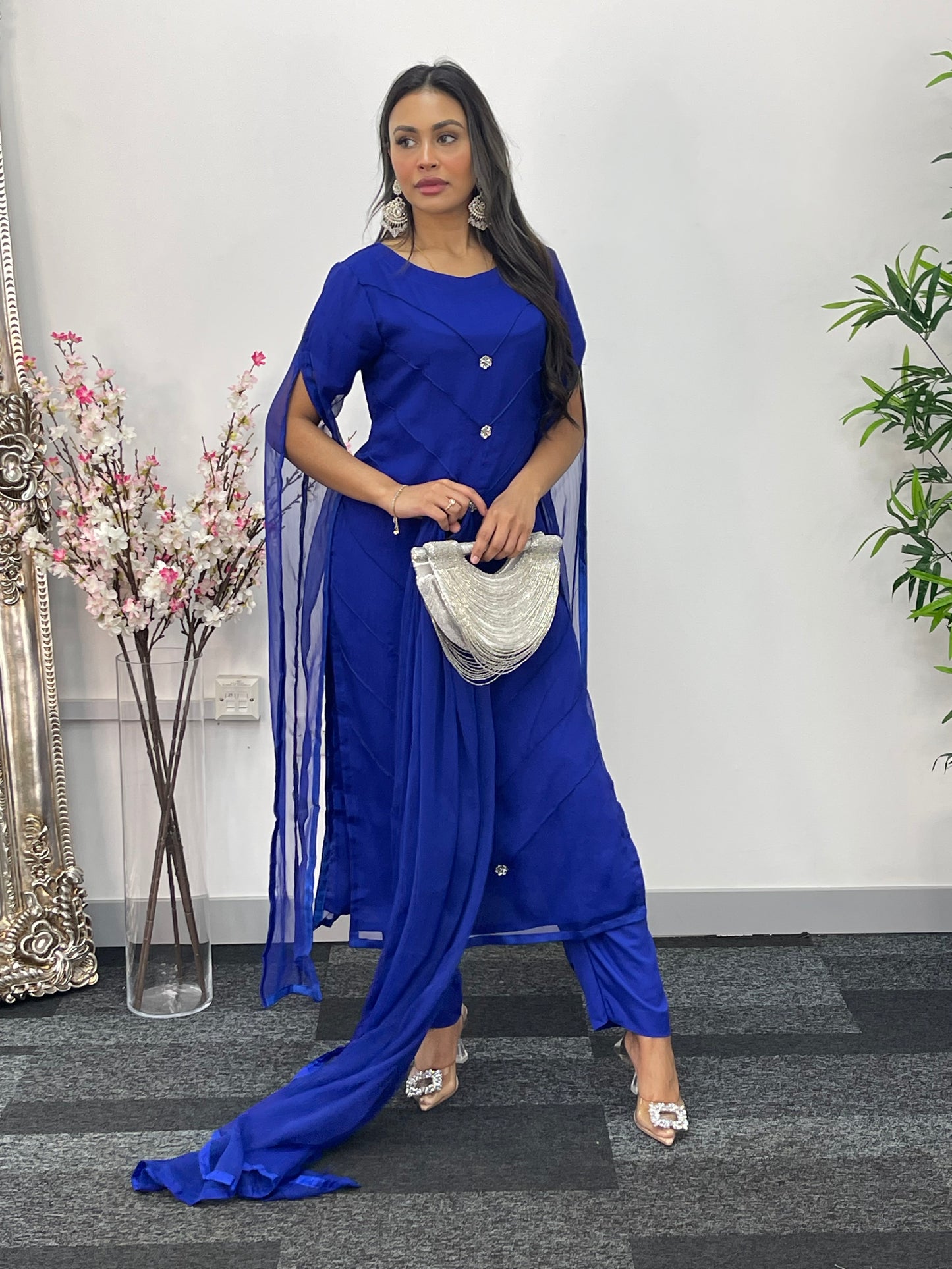 Blue - Floor Length Sleeves - Chiffon Outfit -
