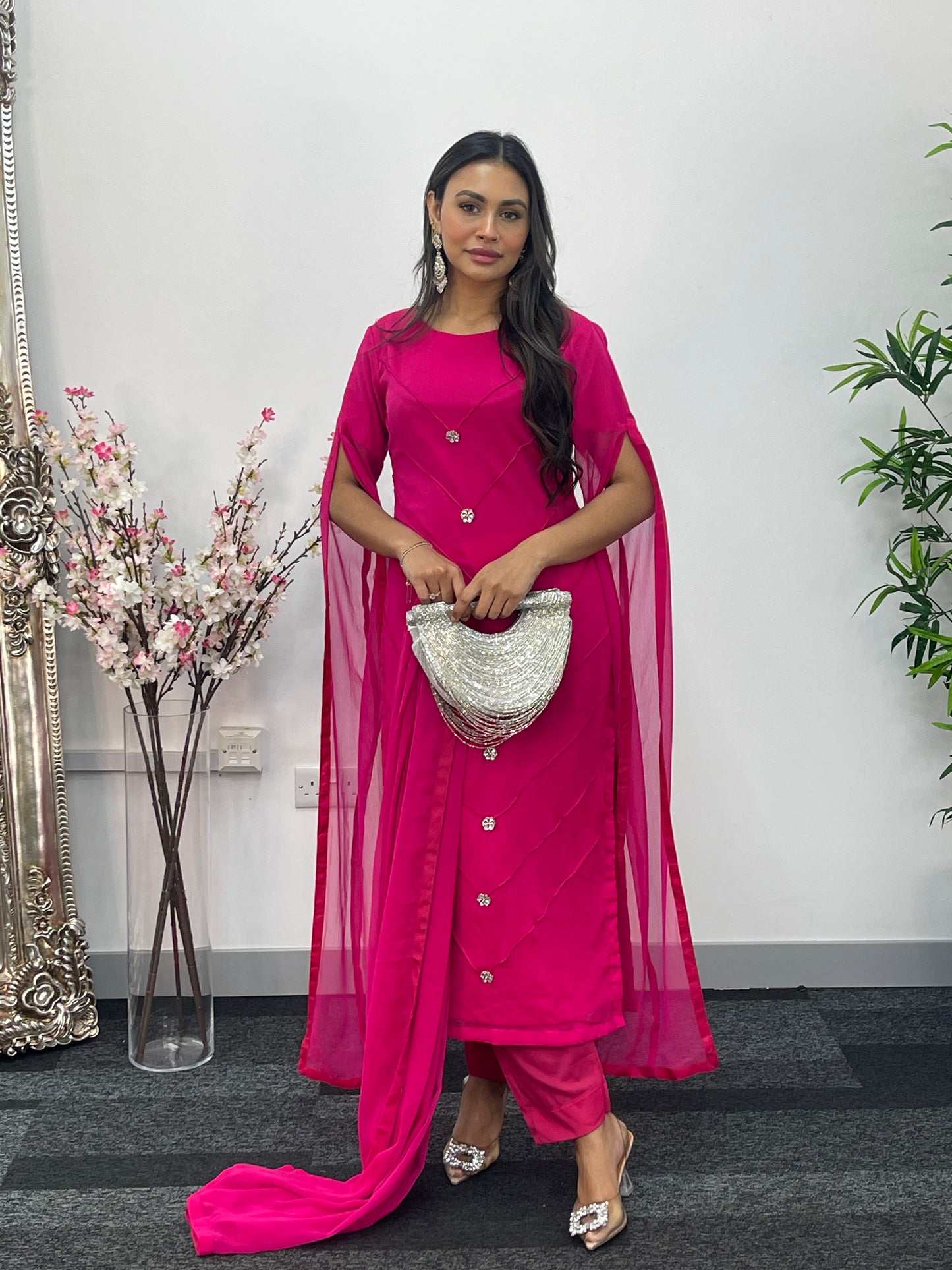 Hot Pink - Floor Length Sleeves - Chiffon Outfit -