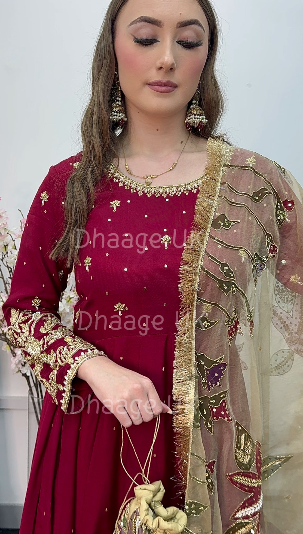 (Pre Order 3/4 Weeks) “GUL BANO” - Hand Painted Dupatta with Hand Work -Anarkali - Maroon Gold - Noor