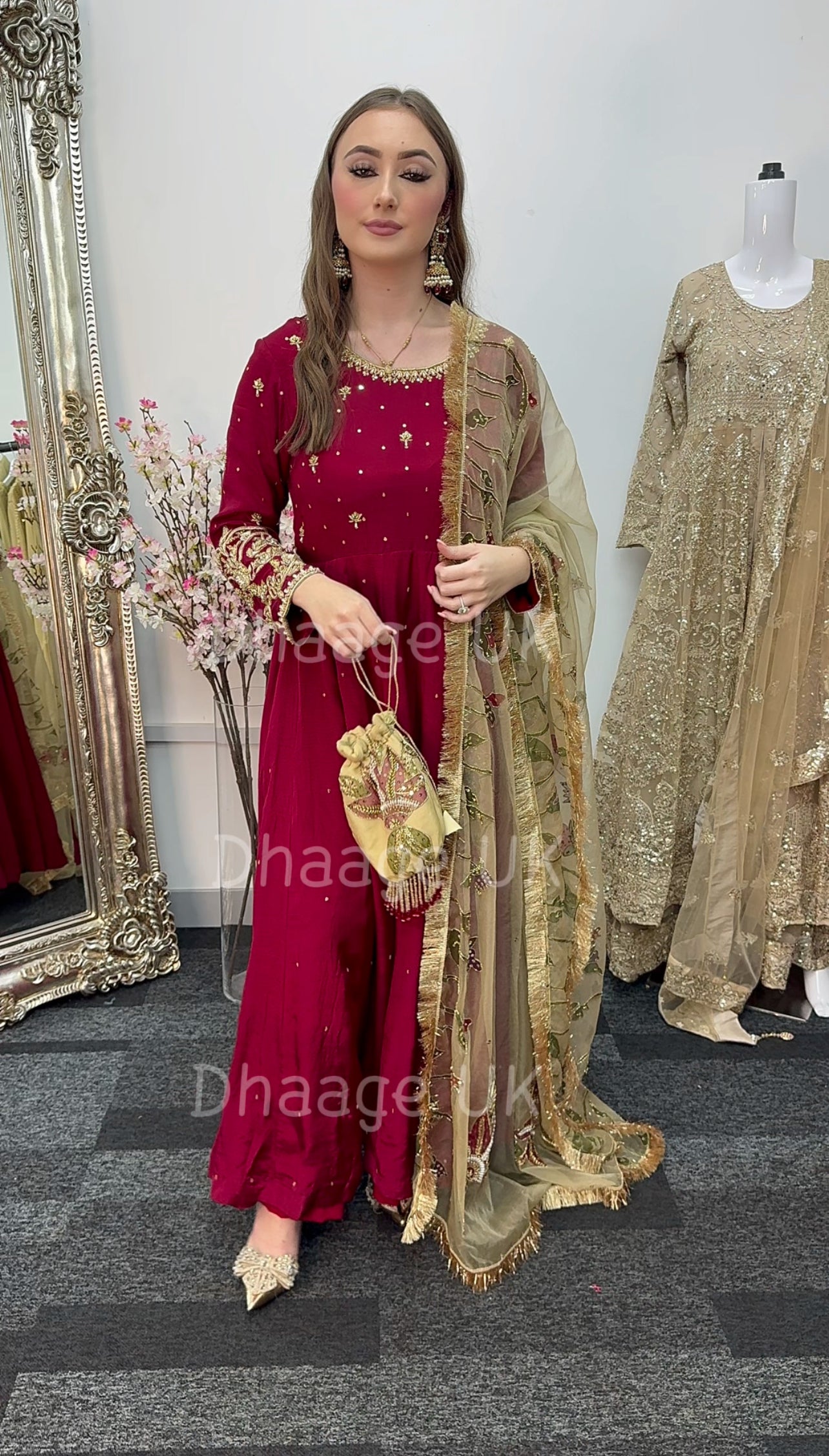 (Pre Order 3/4 Weeks) “GUL BANO” - Hand Painted Dupatta with Hand Work -Anarkali - Maroon Gold - Noor