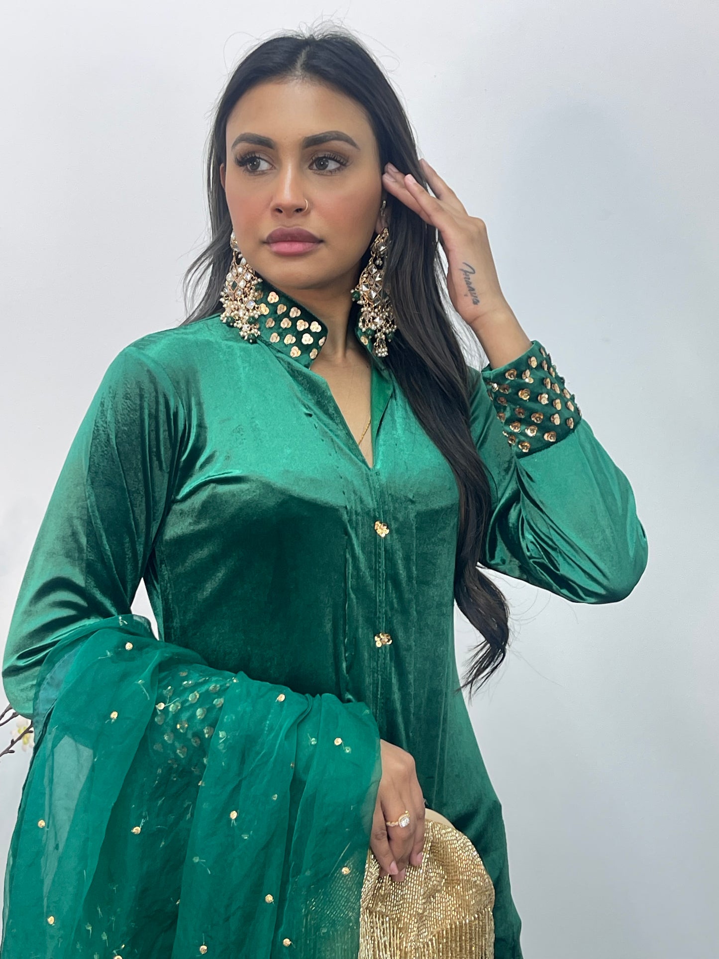 Sona l Green Silk Velvet - Party Outfit l