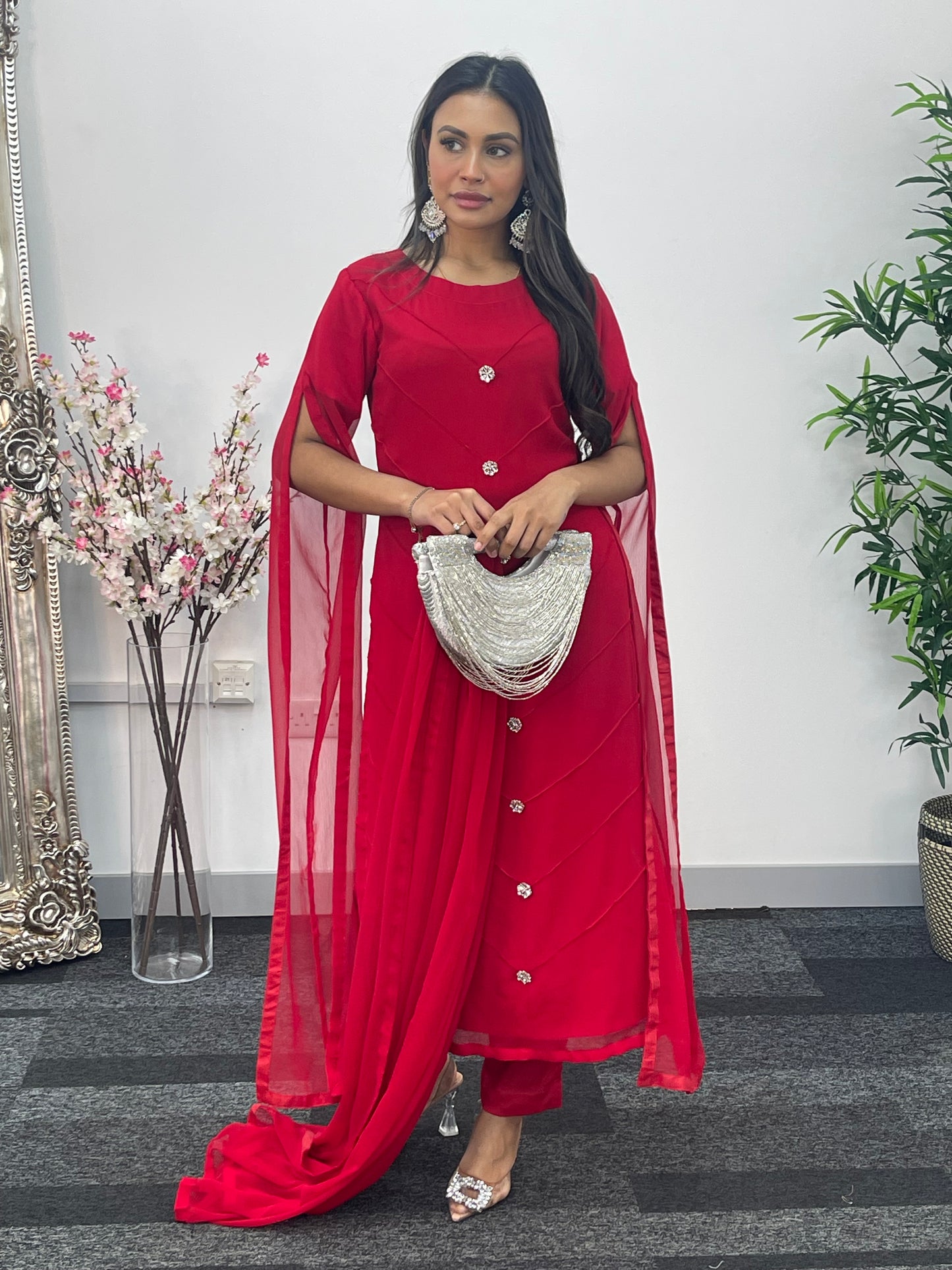 Red - Floor Length Sleeves - Chiffon Outfit -