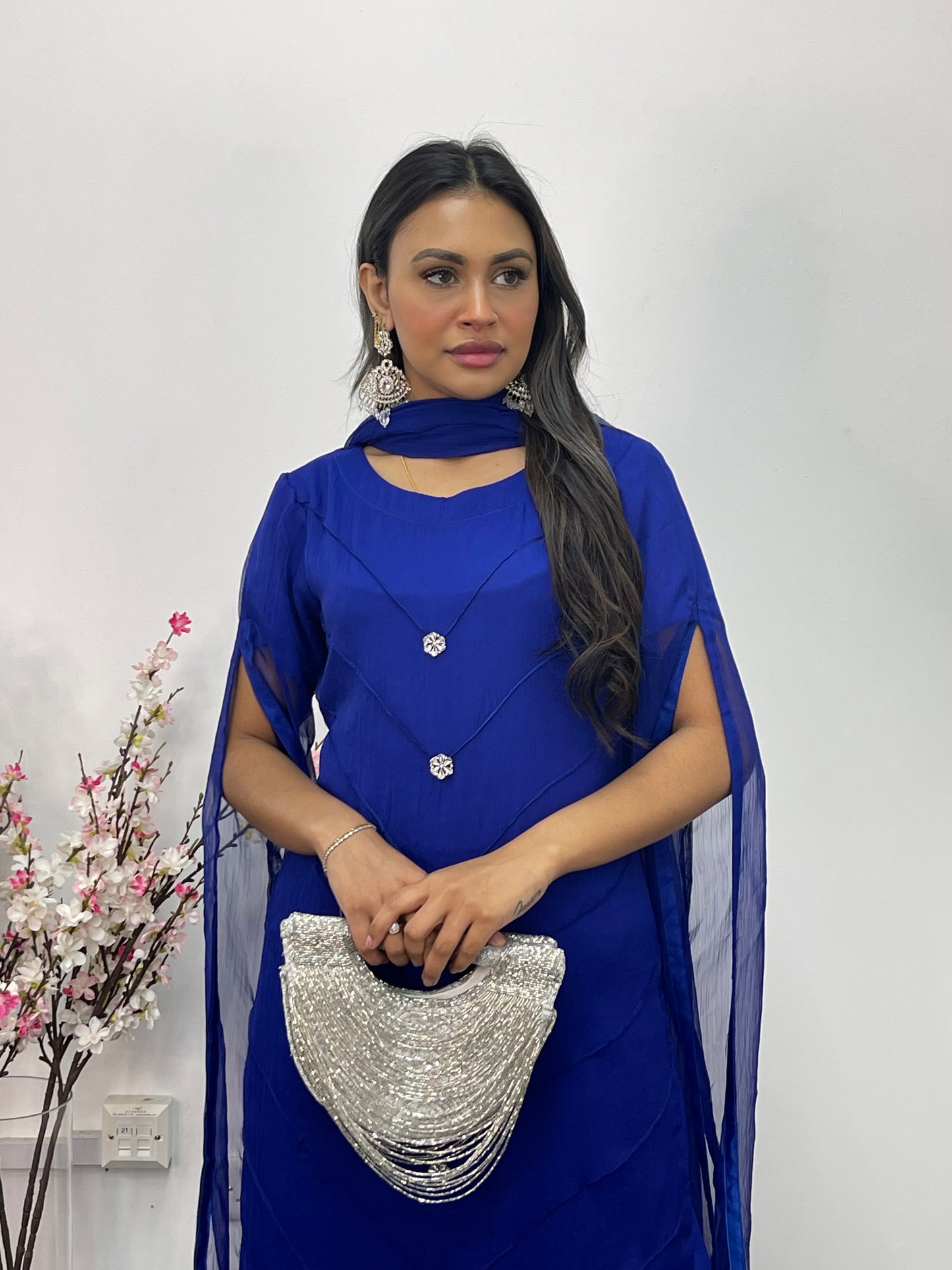 Blue - Floor Length Sleeves - Chiffon Outfit -