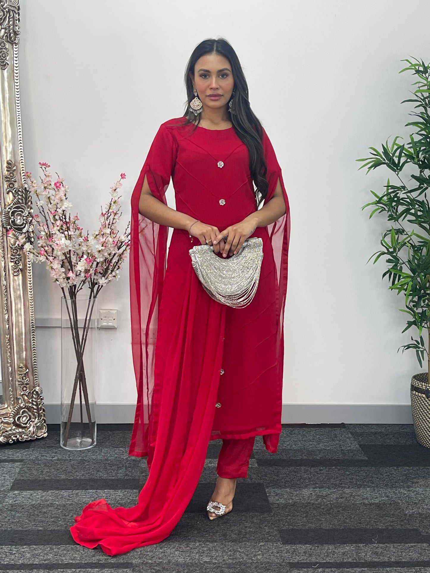 Red - Floor Length Sleeves - Chiffon Outfit -