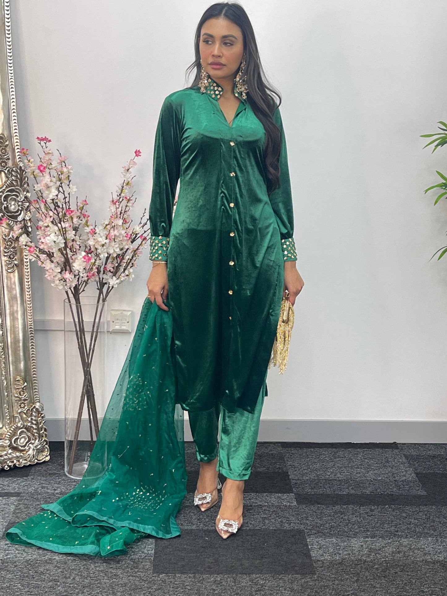Sona l Green Silk Velvet - Party Outfit l