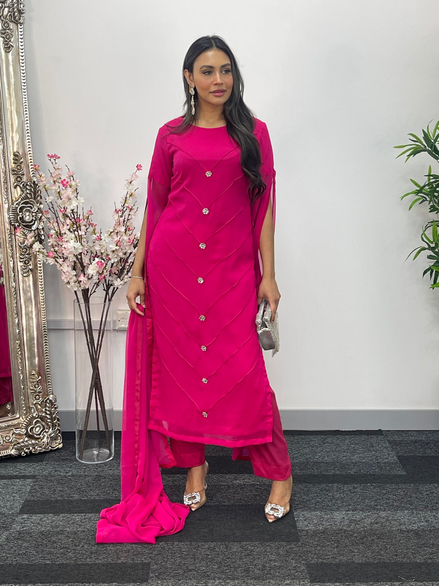 Hot Pink - Floor Length Sleeves - Chiffon Outfit -