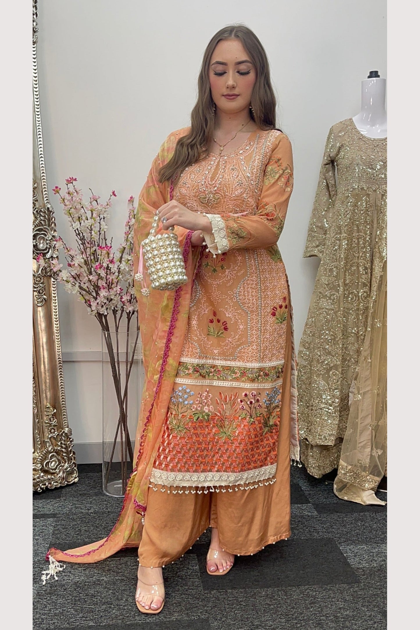 Mushq - Kahani - Peach Cotton Net - Party Wear