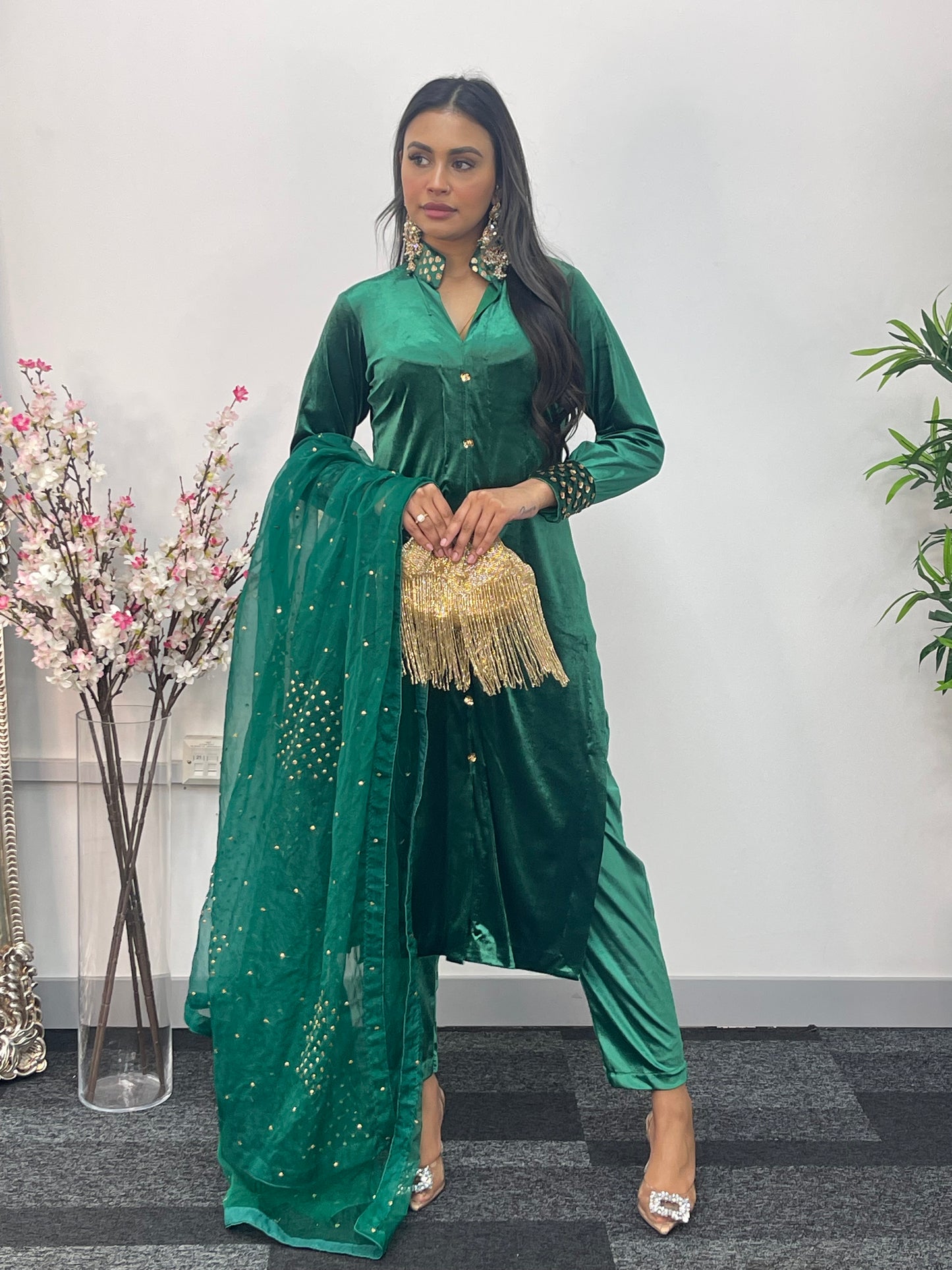 Sona l Green Silk Velvet - Party Outfit l