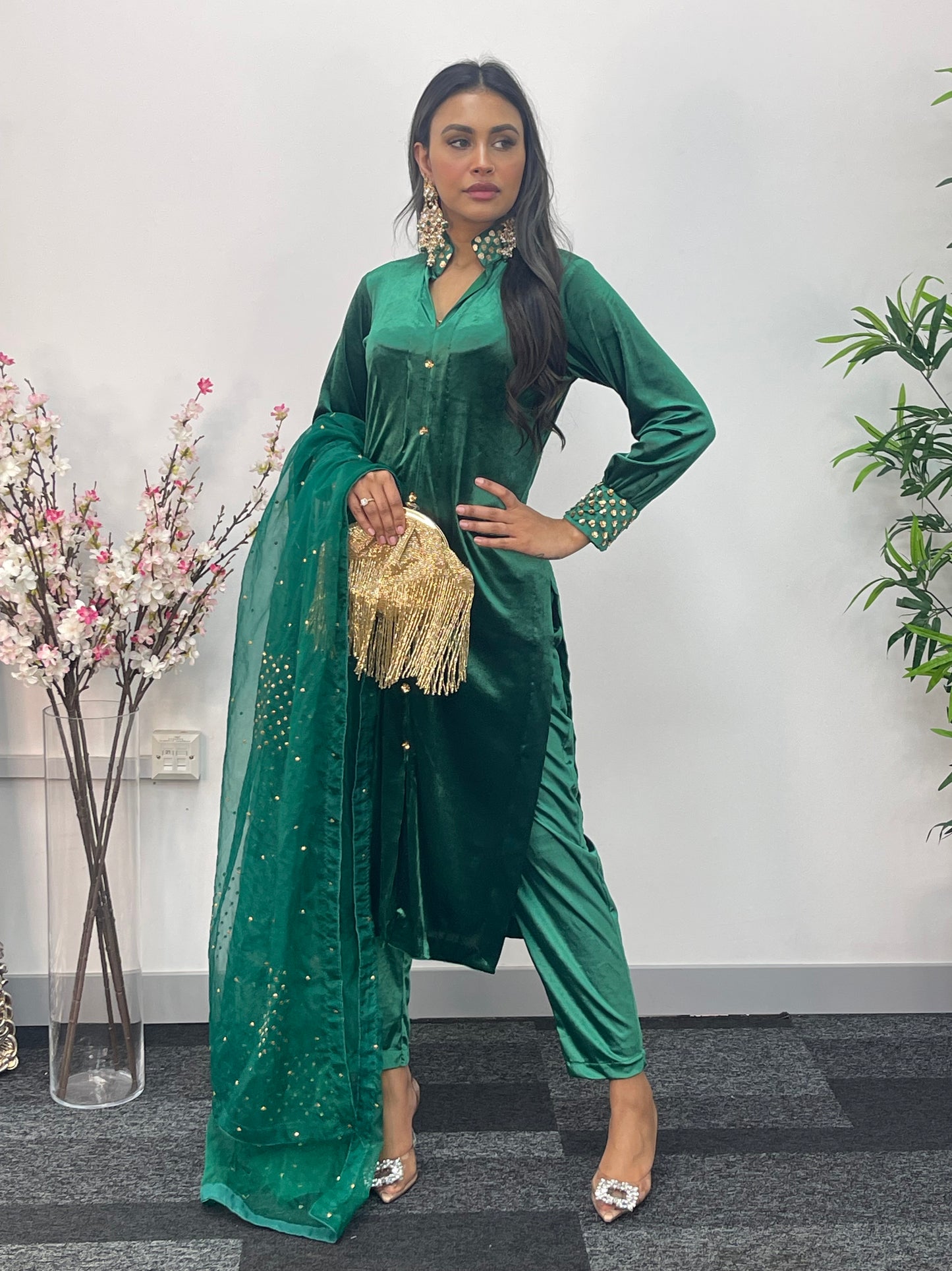 Sona l Green Silk Velvet - Party Outfit l