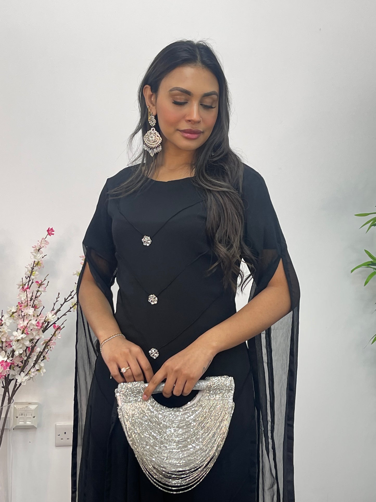 Black - Floor Length Sleeves - Chiffon Outfit -