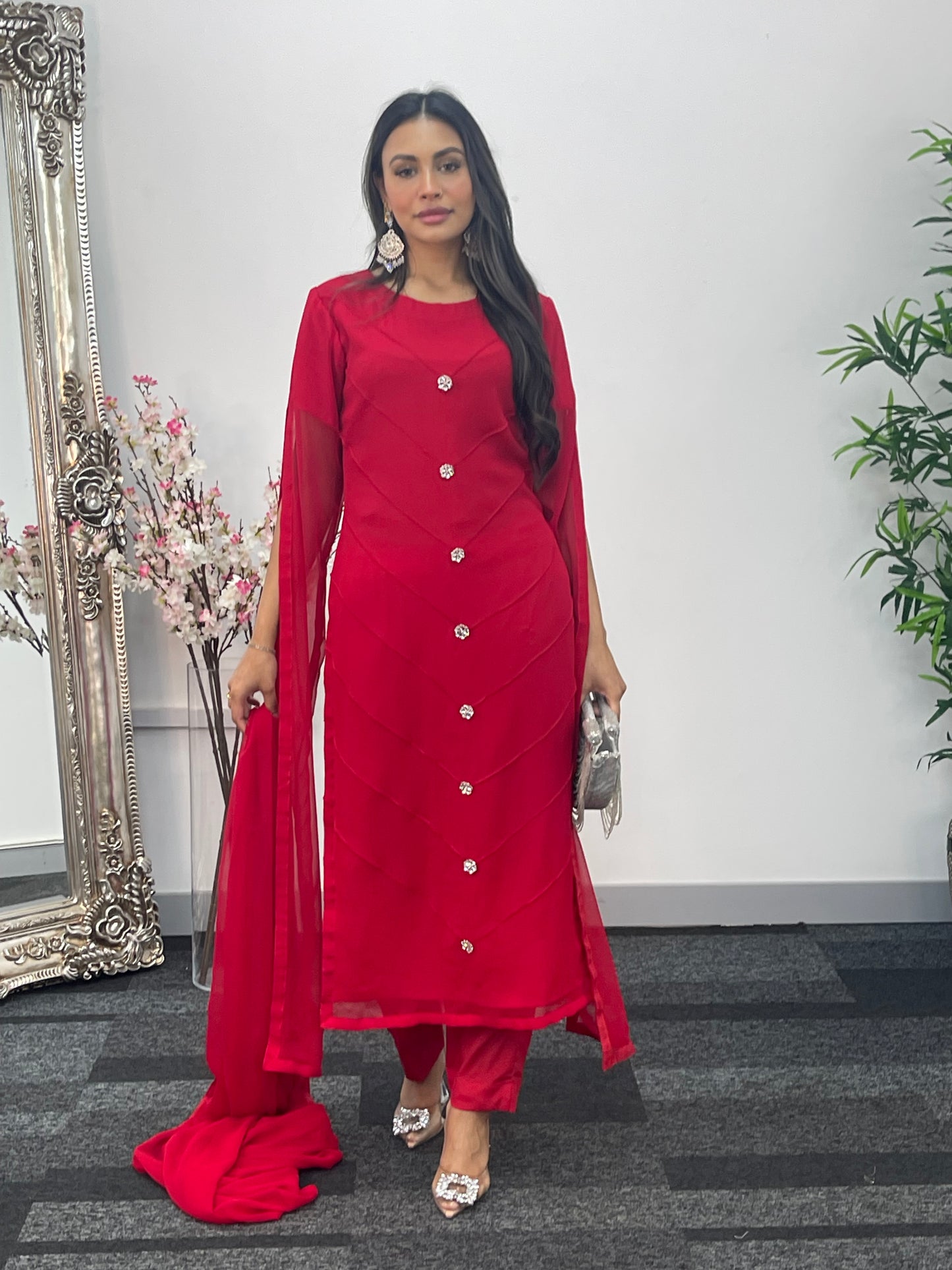 Red - Floor Length Sleeves - Chiffon Outfit -