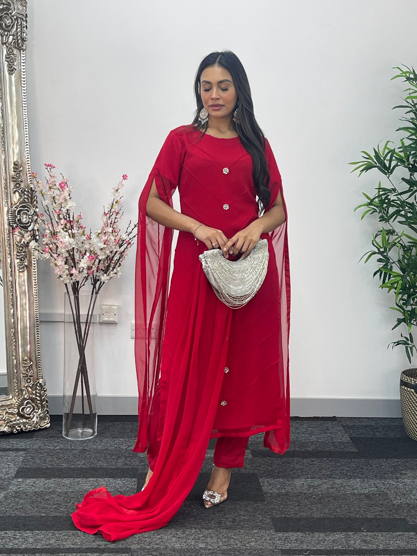 Red - Floor Length Sleeves - Chiffon Outfit -