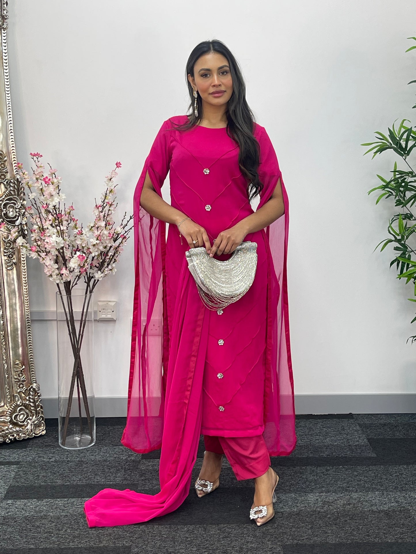 Hot Pink - Floor Length Sleeves - Chiffon Outfit -