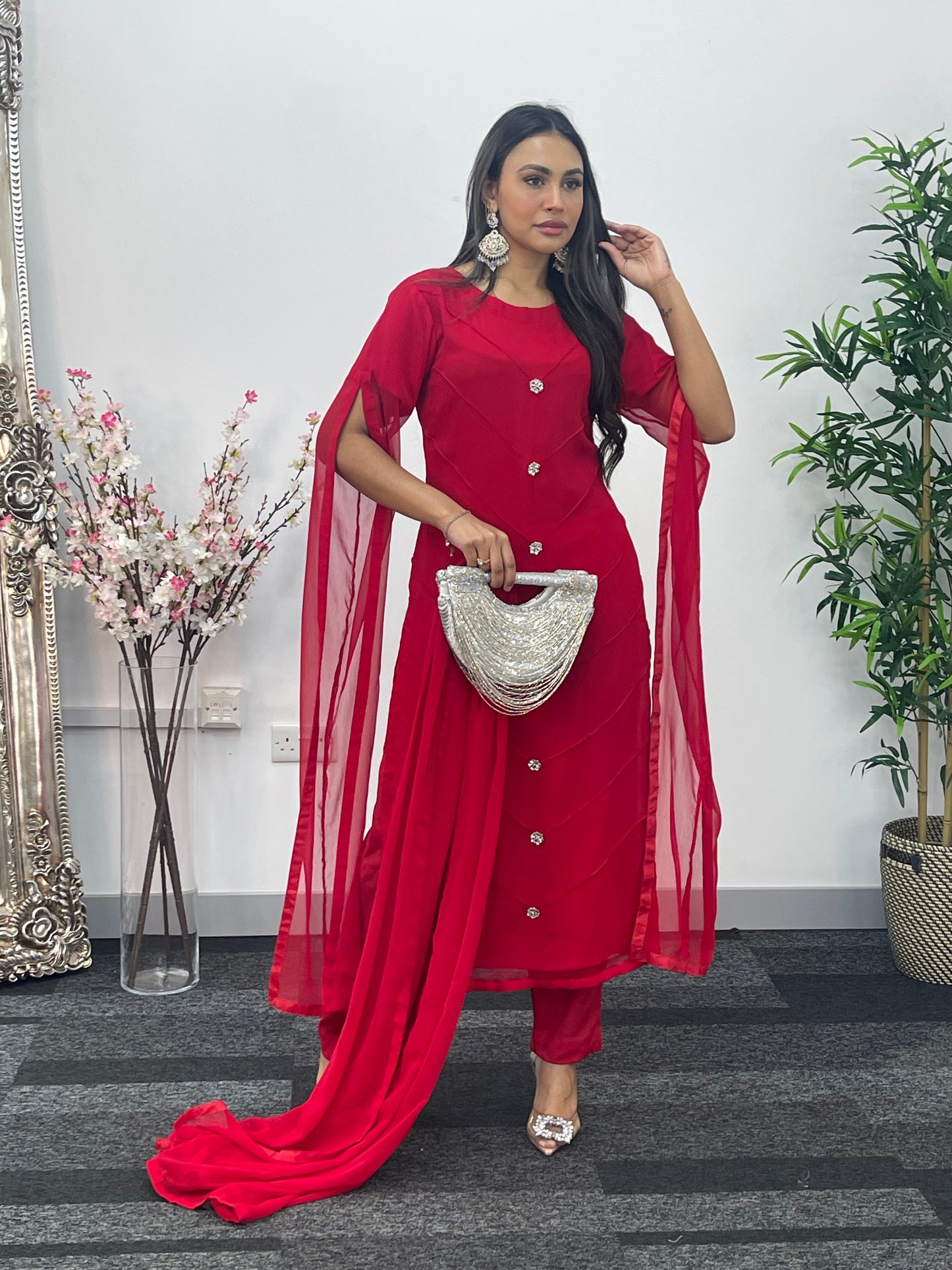 Red - Floor Length Sleeves - Chiffon Outfit -