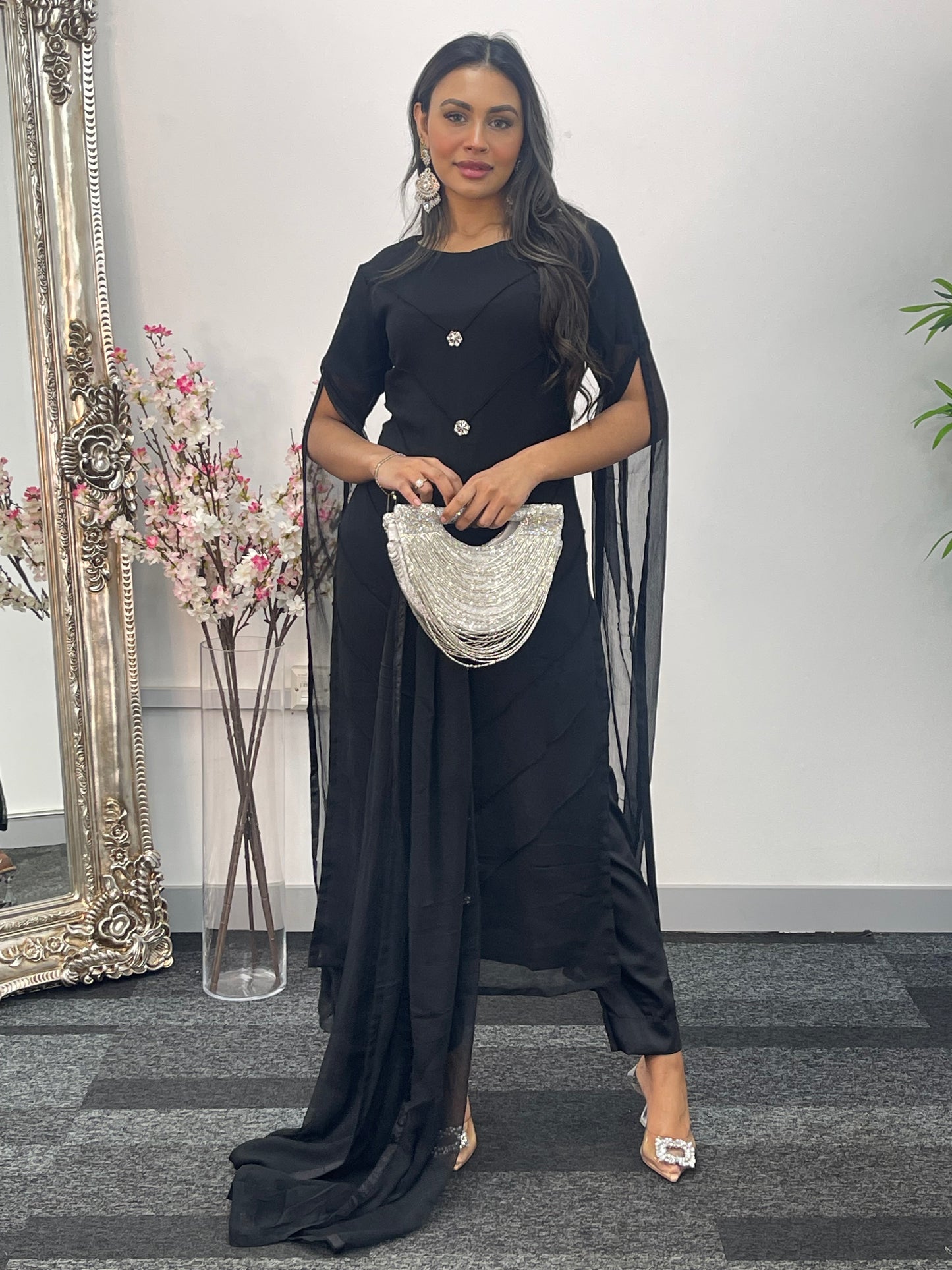 Black - Floor Length Sleeves - Chiffon Outfit -
