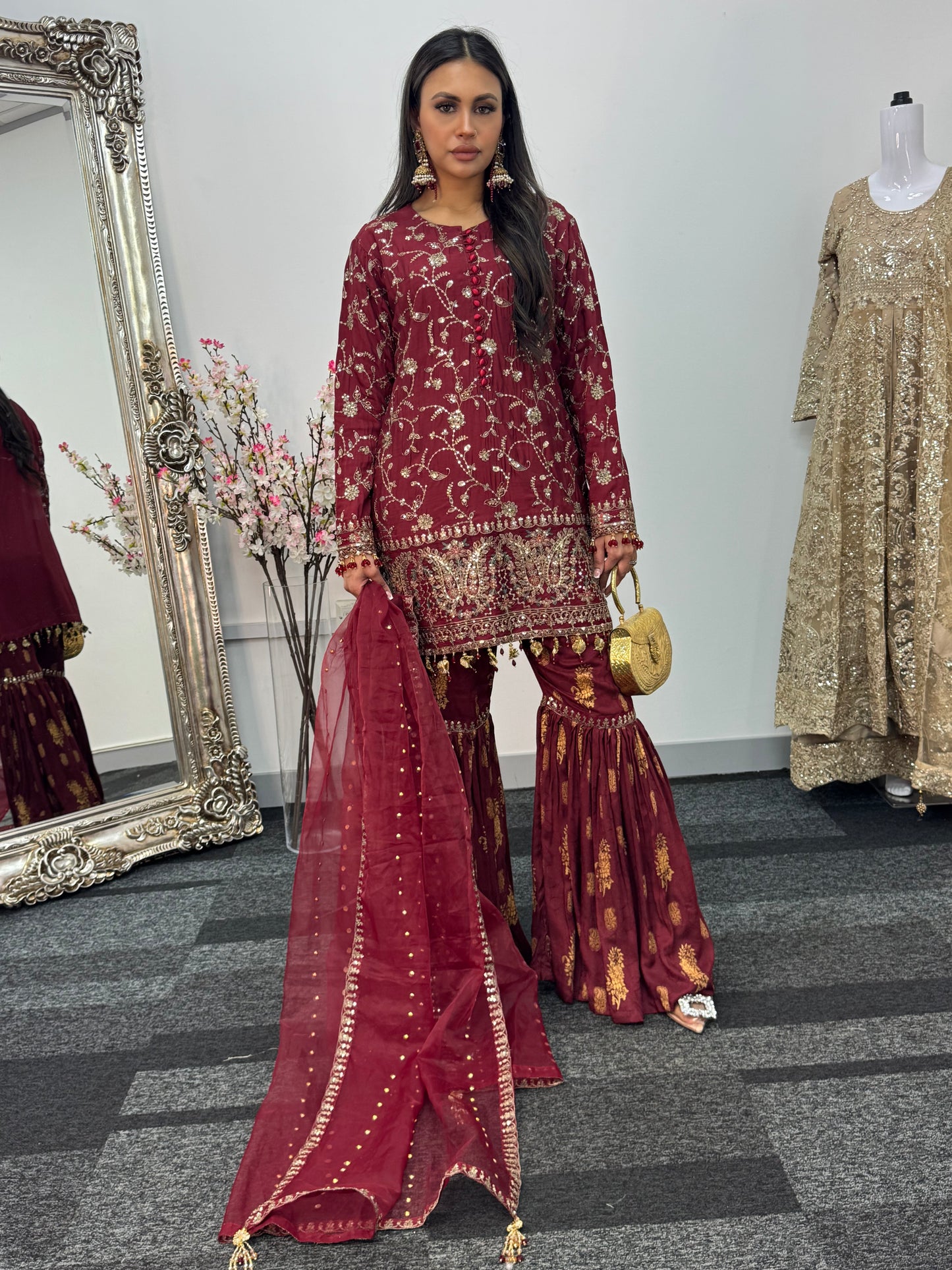 “Dulhan” Maria B Inspired - Embriodered Maroon Garara - Wedding - Jacquard