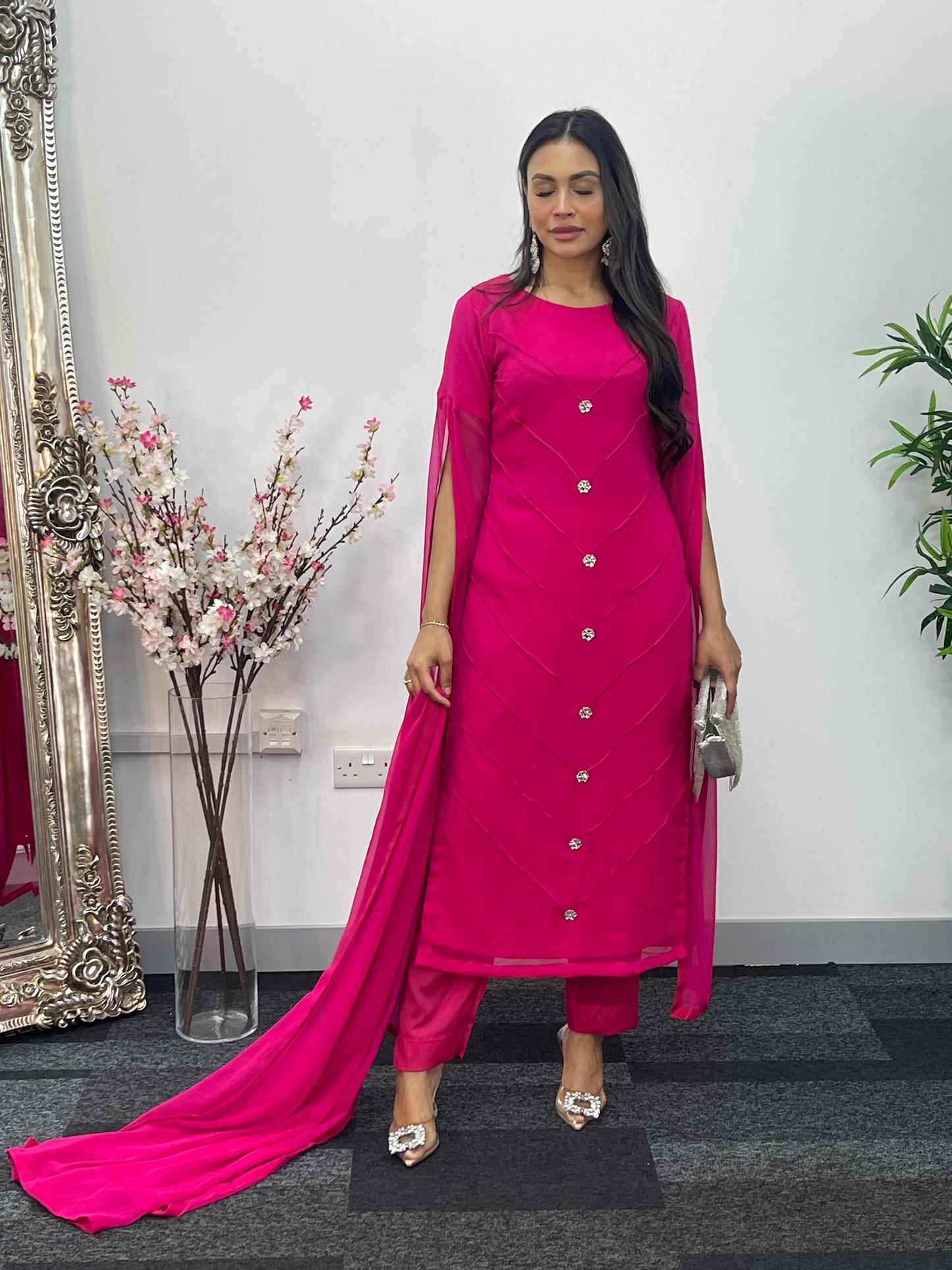 Hot Pink - Floor Length Sleeves - Chiffon Outfit -