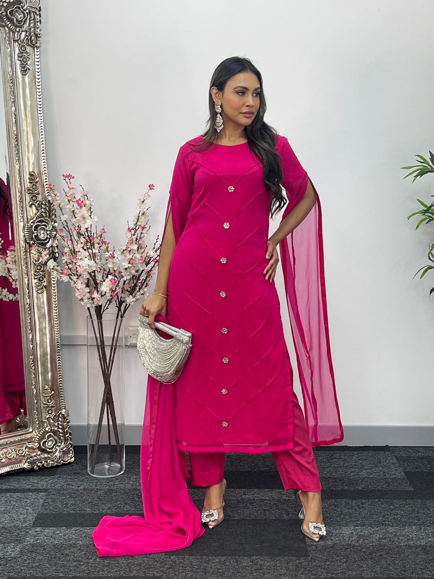 Hot Pink - Floor Length Sleeves - Chiffon Outfit -