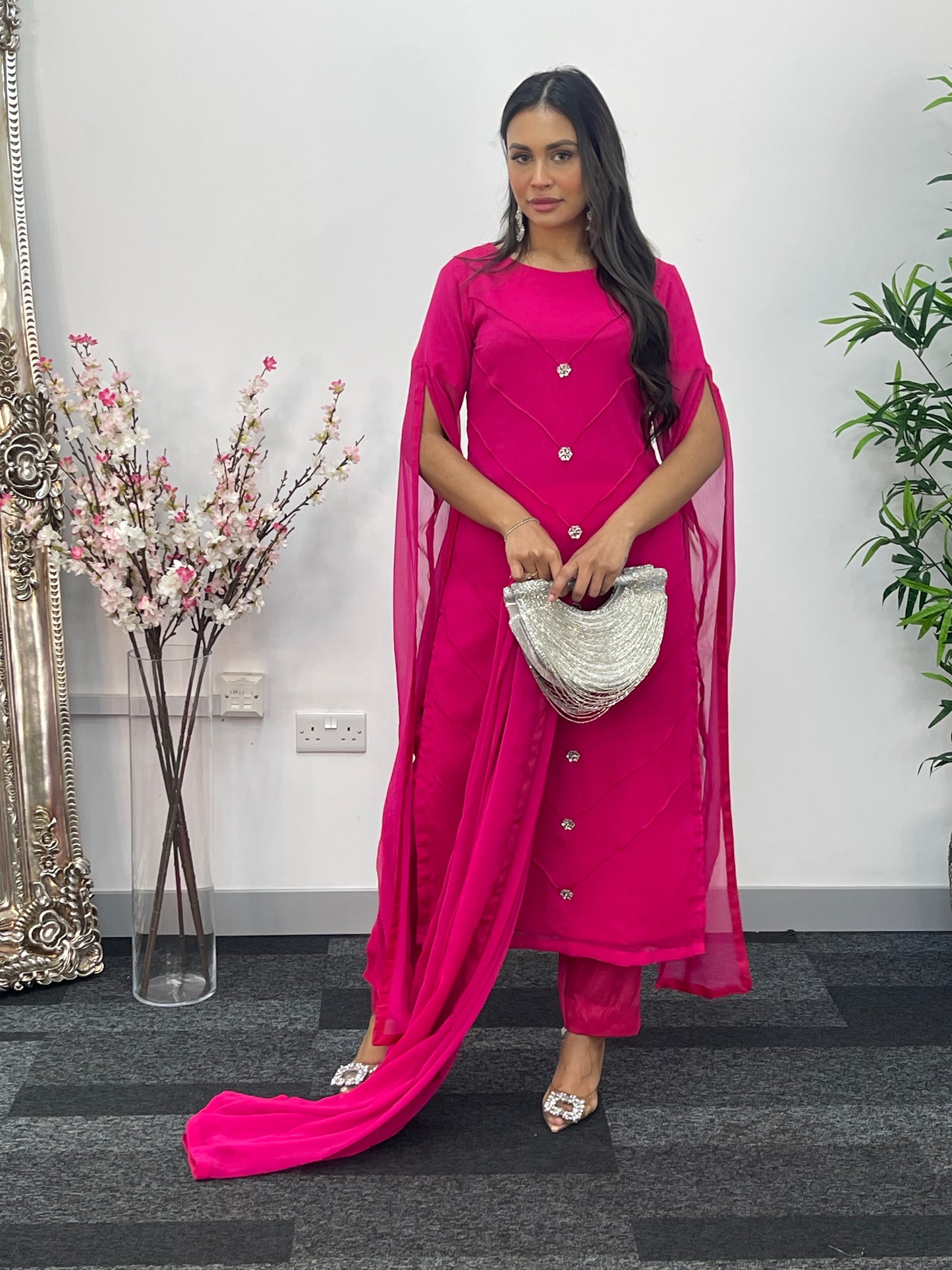Hot Pink - Floor Length Sleeves - Chiffon Outfit -