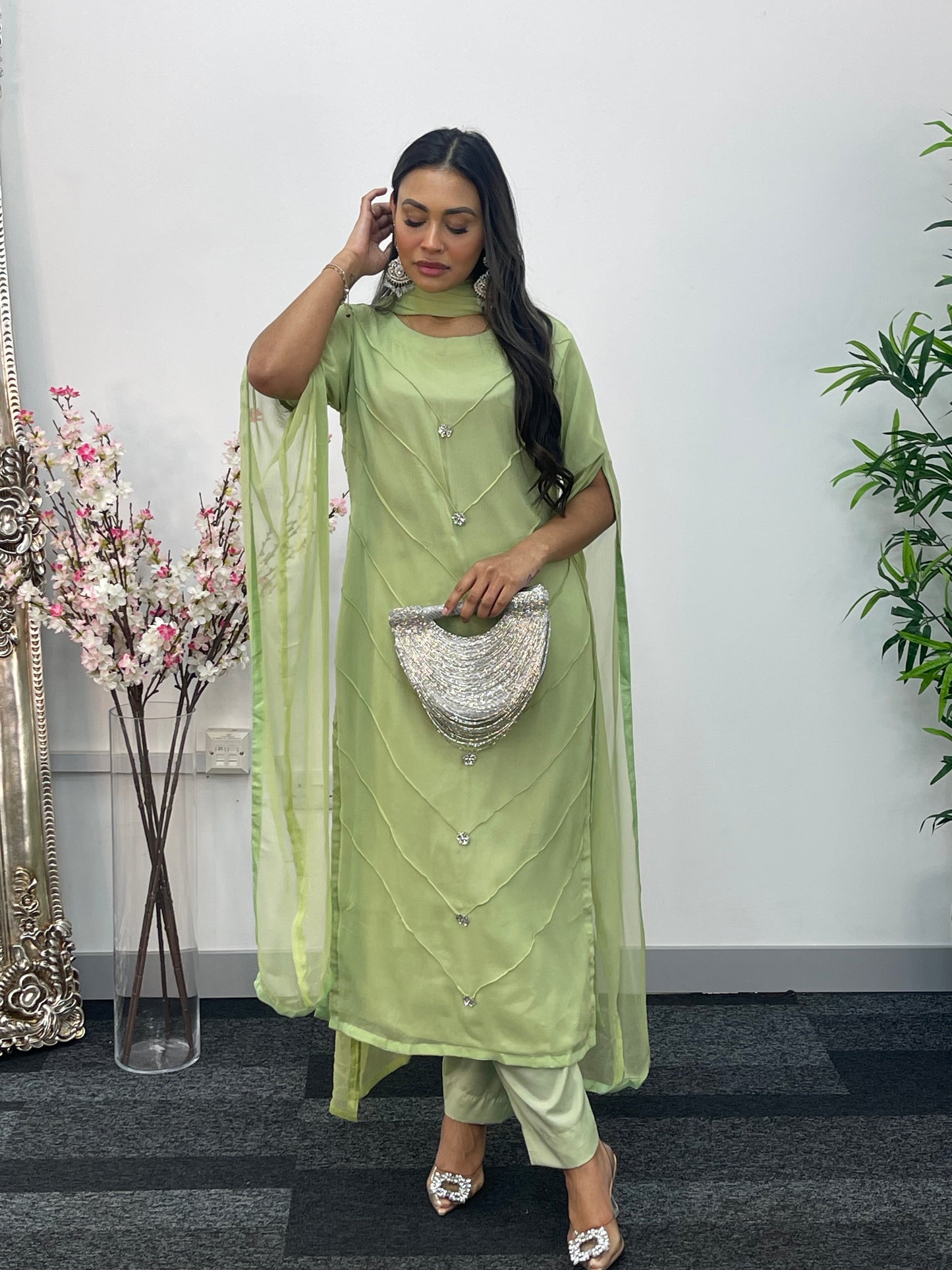 Green - Floor Length Sleeves - Chiffon Outfit -