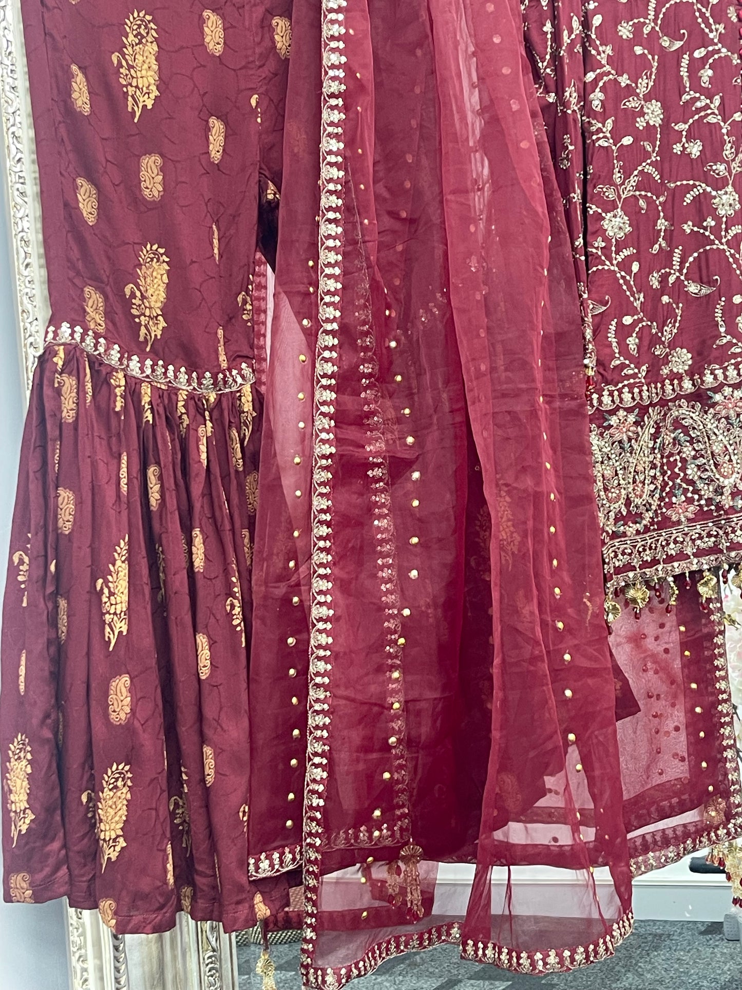 “Dulhan” Maria B Inspired - Embriodered Maroon Garara - Wedding - Jacquard