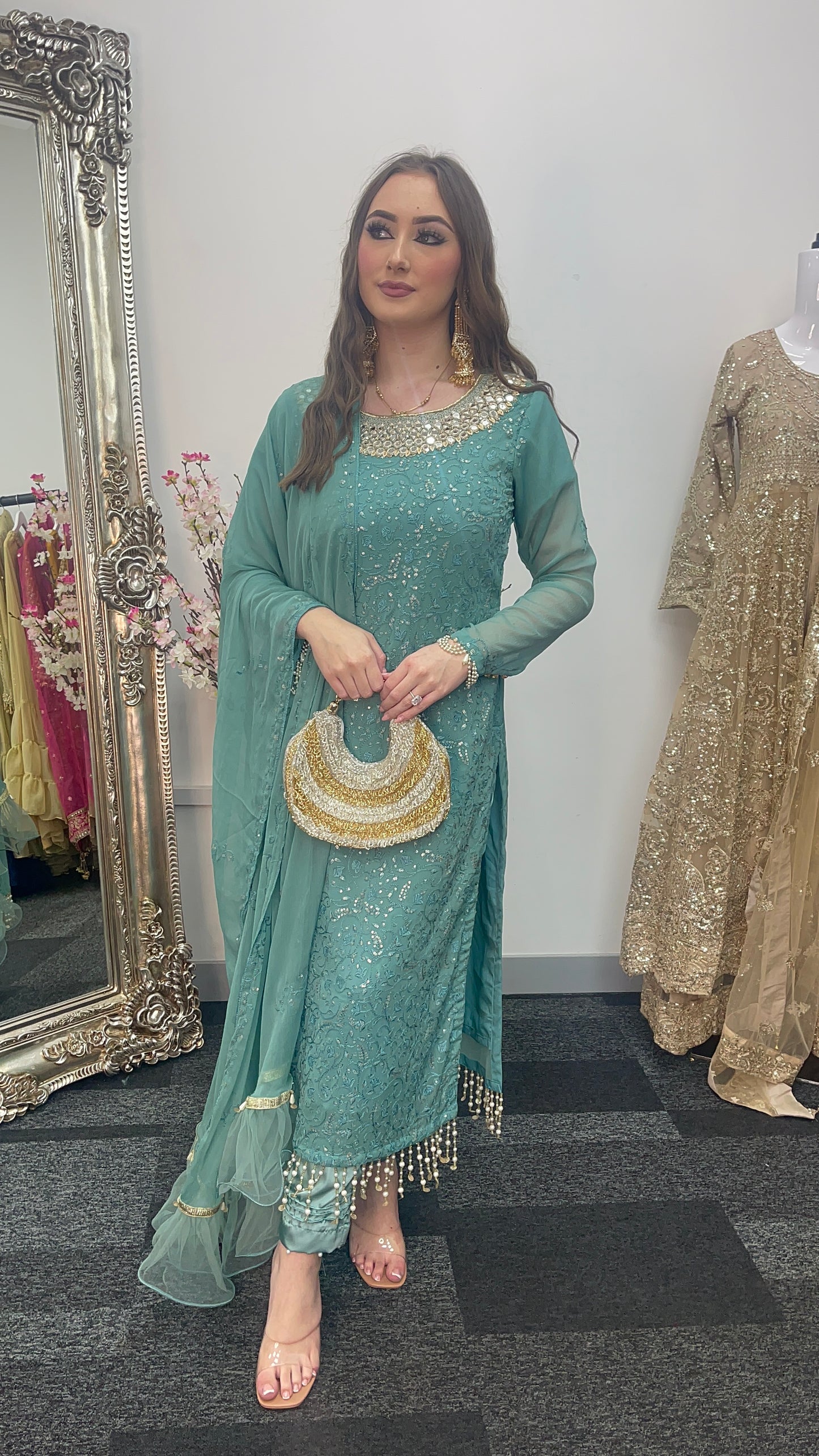 Chamkeeli - Hand Work - Chiffon Party Wear - Egg Duck Blue