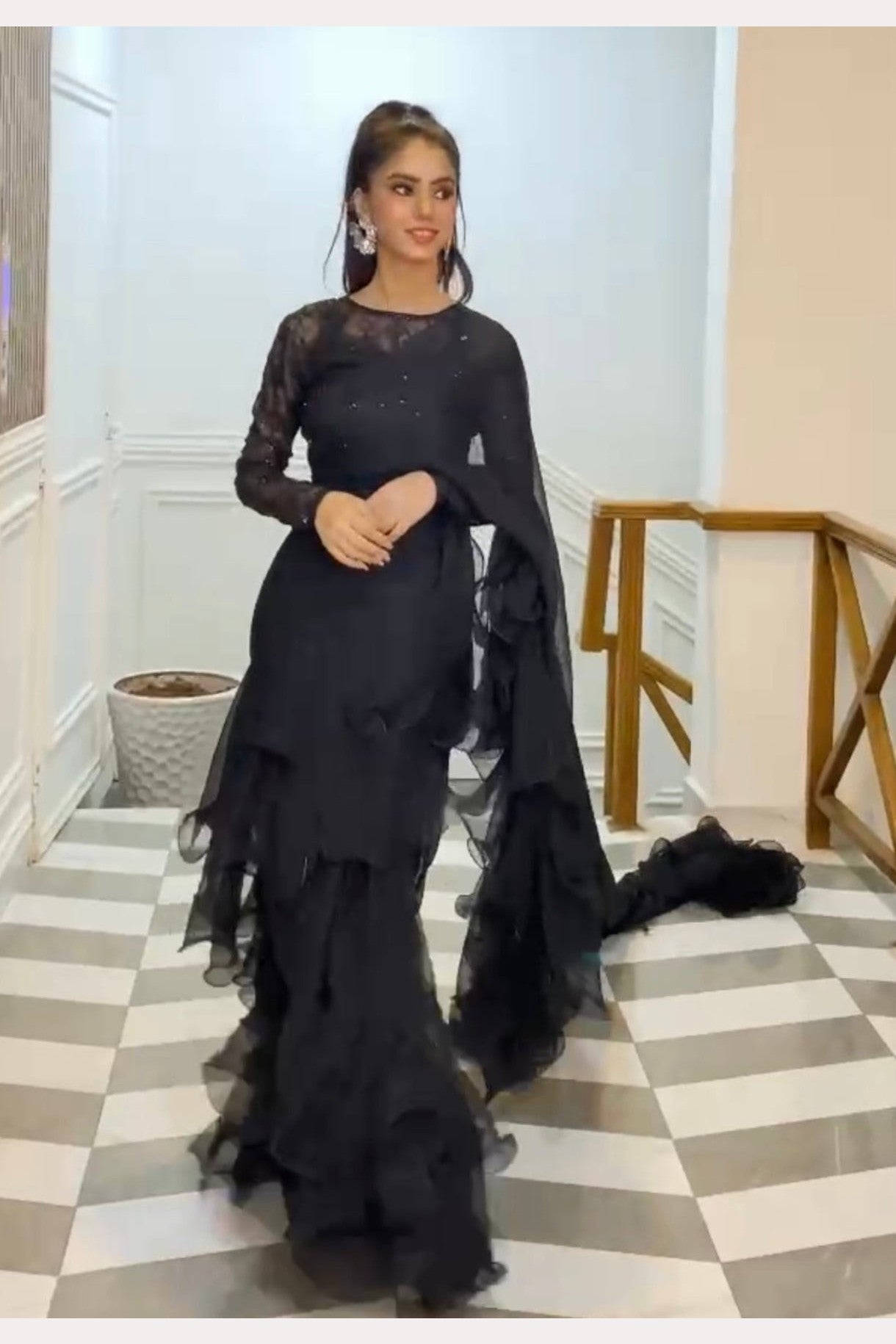 (Preorder 4 Weeks) Ruffled Sequin saree - Black Sari -