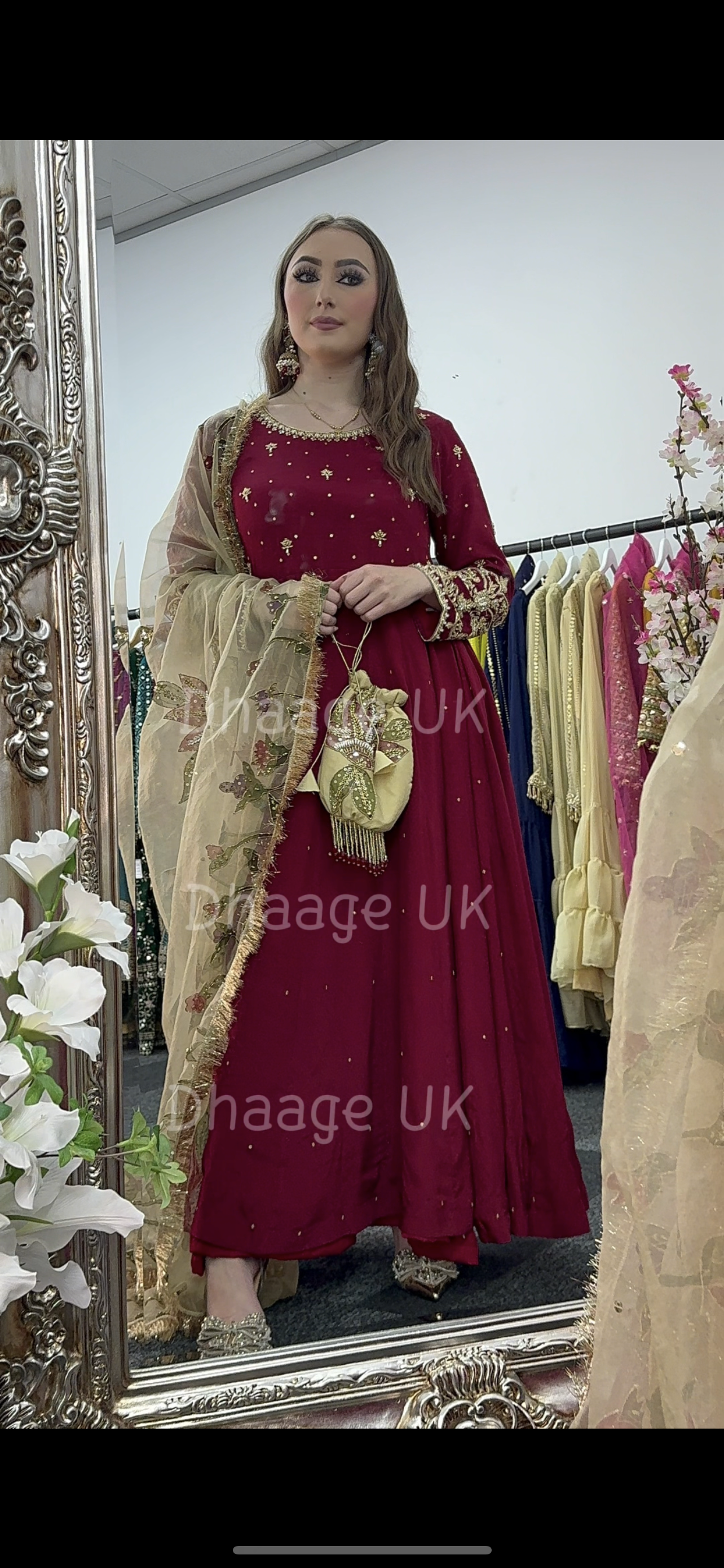 (Pre Order 3/4 Weeks) “GUL BANO” - Hand Painted Dupatta with Hand Work -Anarkali - Maroon Gold - Noor