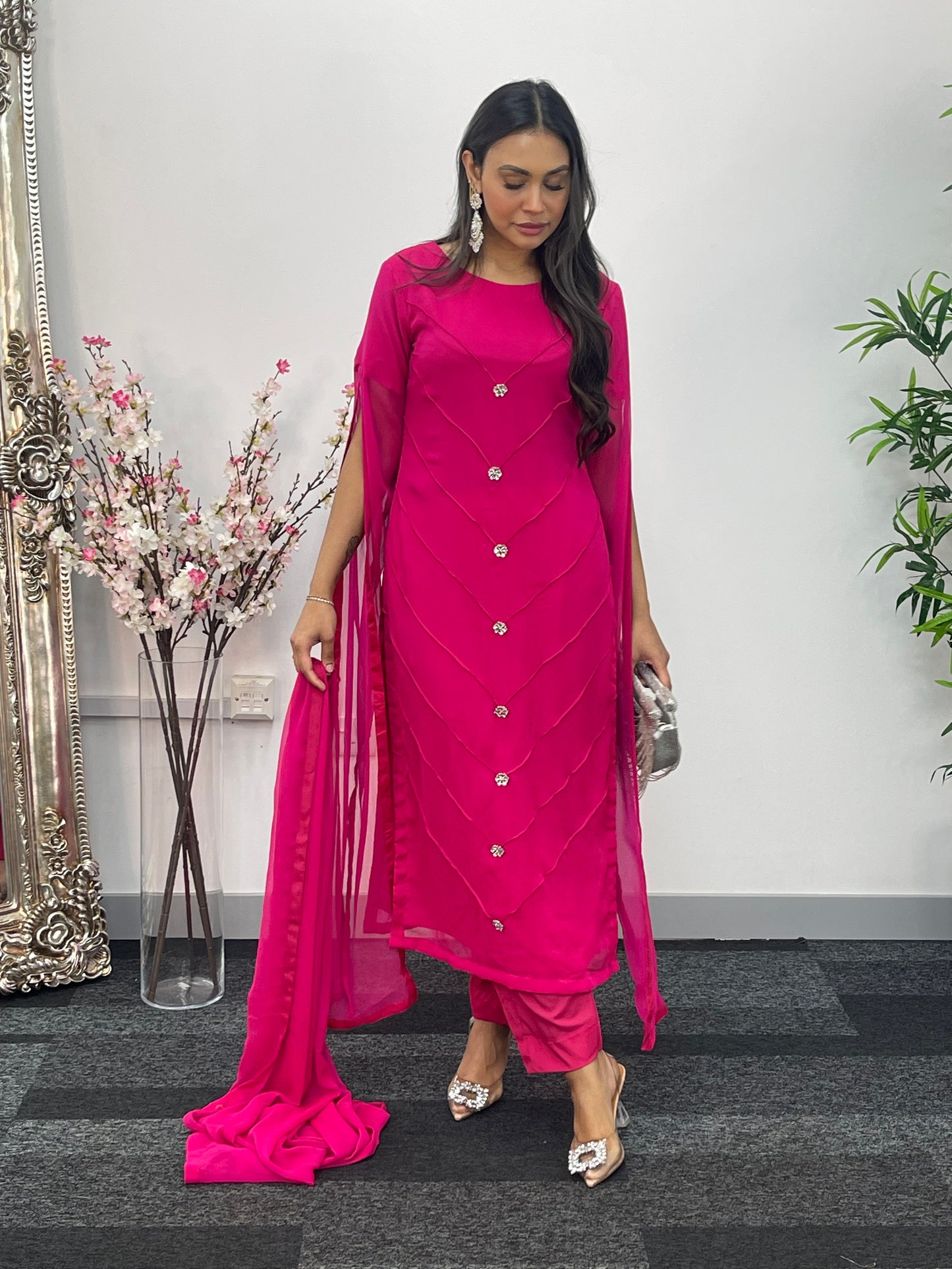 Hot Pink - Floor Length Sleeves - Chiffon Outfit -