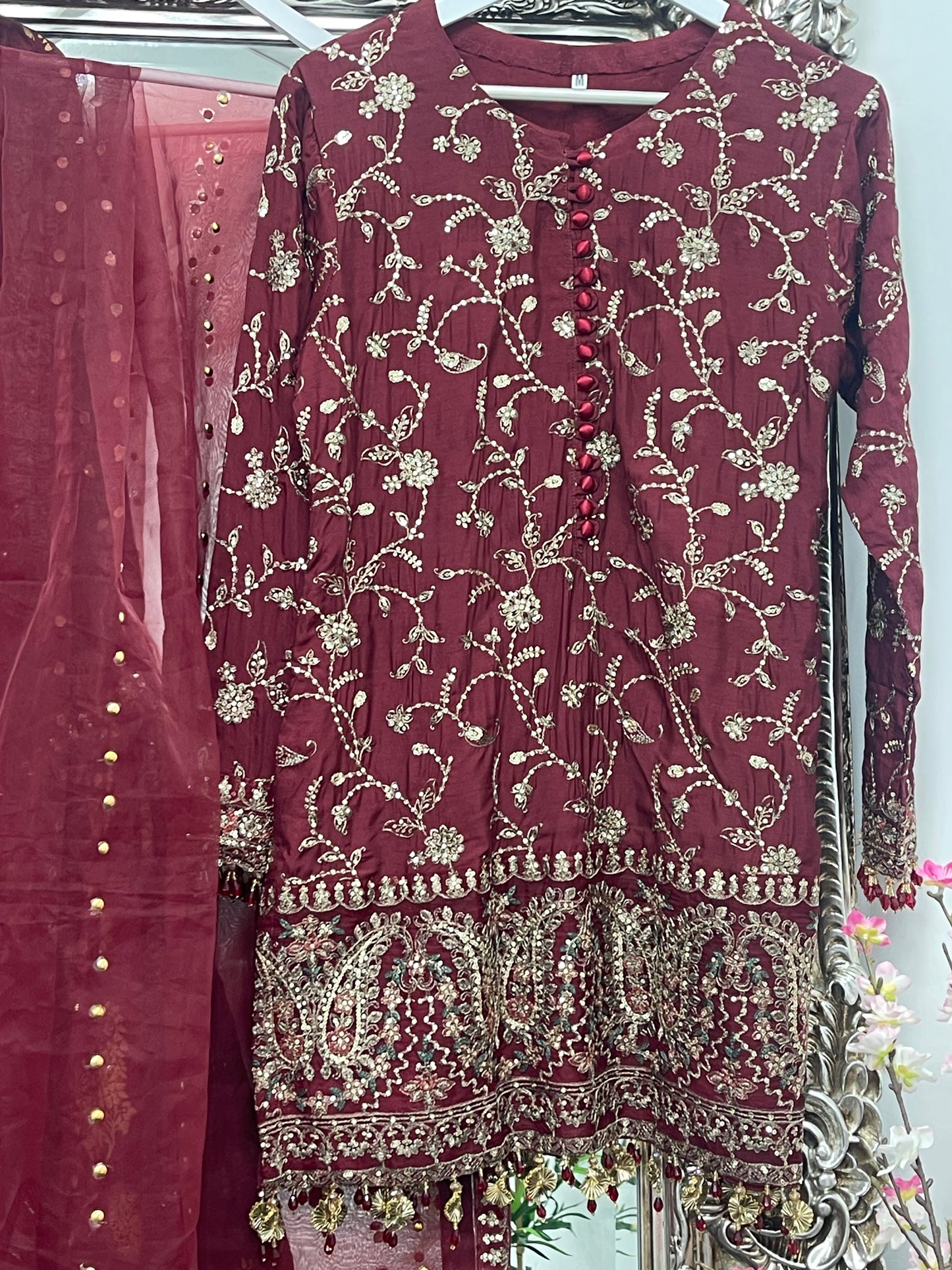 “Dulhan” Maria B Inspired - Embriodered Maroon Garara - Wedding - Jacquard