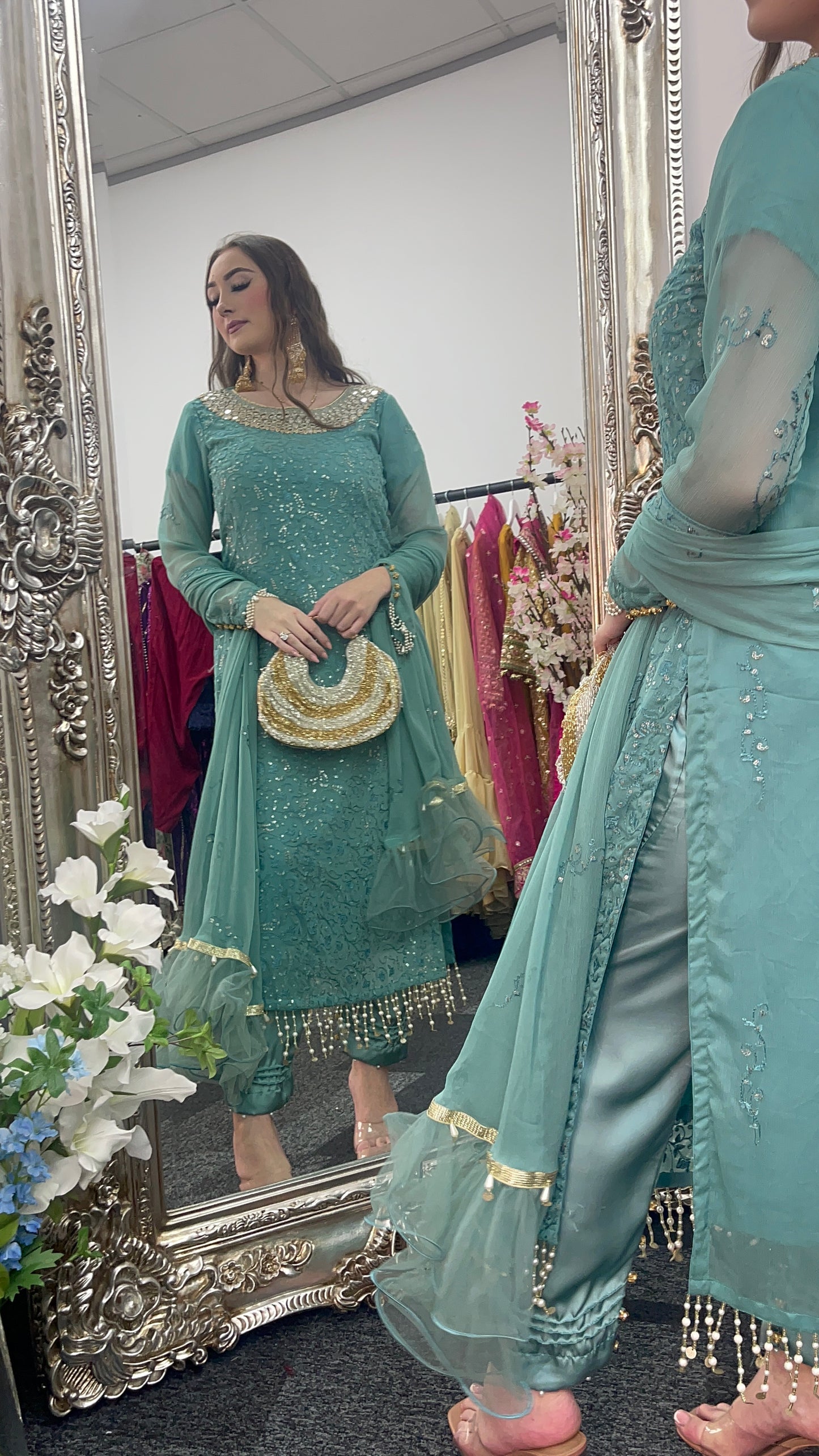 Chamkeeli - Hand Work - Chiffon Party Wear - Egg Duck Blue